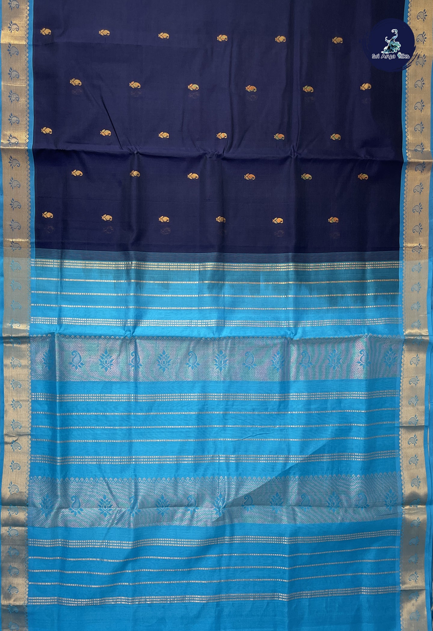 Dark Blue Simple Silk Cotton Saree With Zari Buttas Pattern