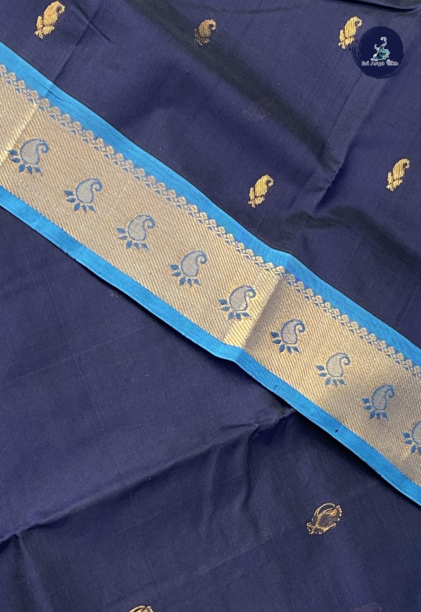 Dark Blue Simple Silk Cotton Saree With Zari Buttas Pattern