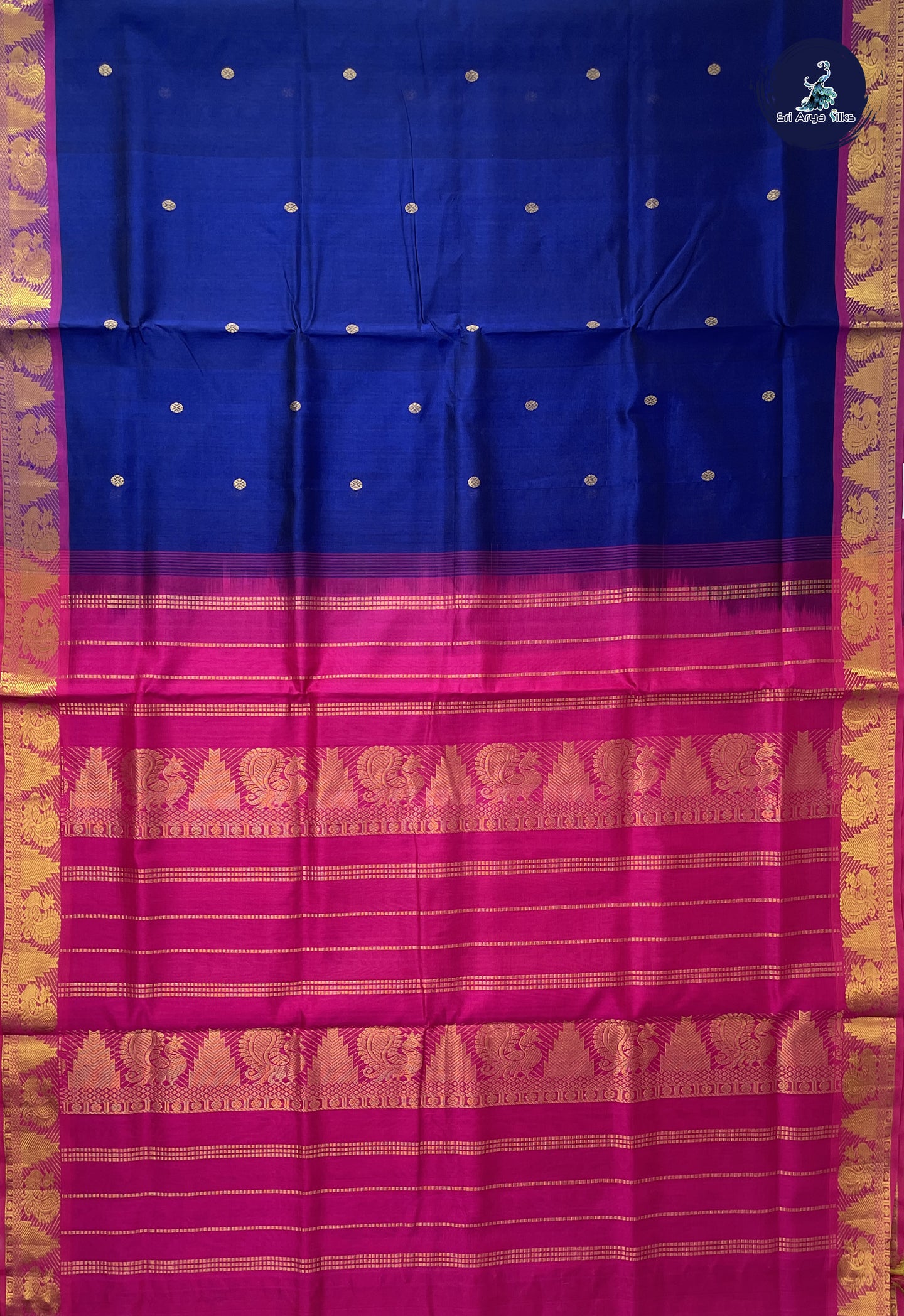 Dark Blue Simple Silk Cotton Saree With Zari Buttas Pattern