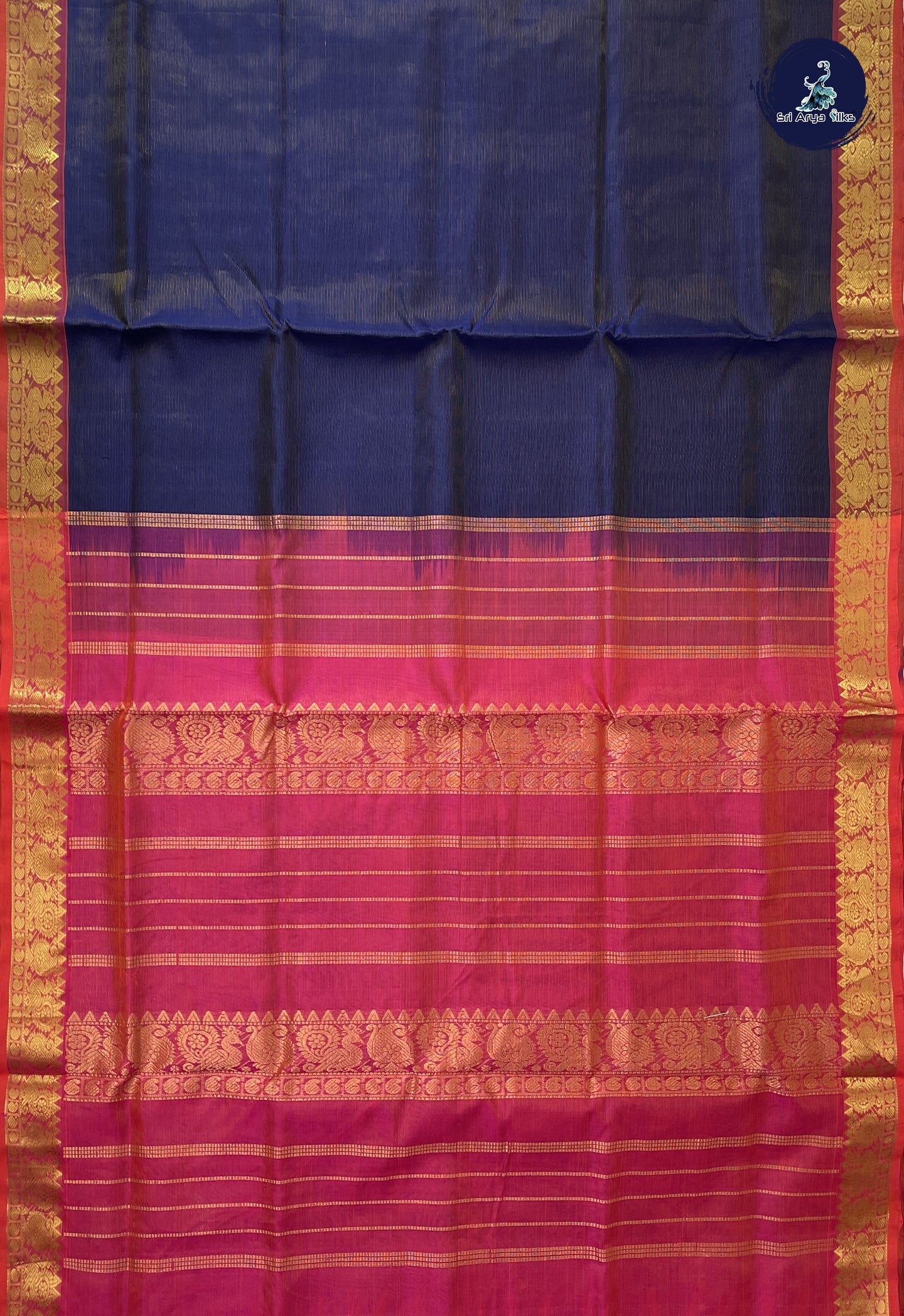 Dark Blue Vaira Oosi Silk Cotton Saree With Vaira Oosi Pattern