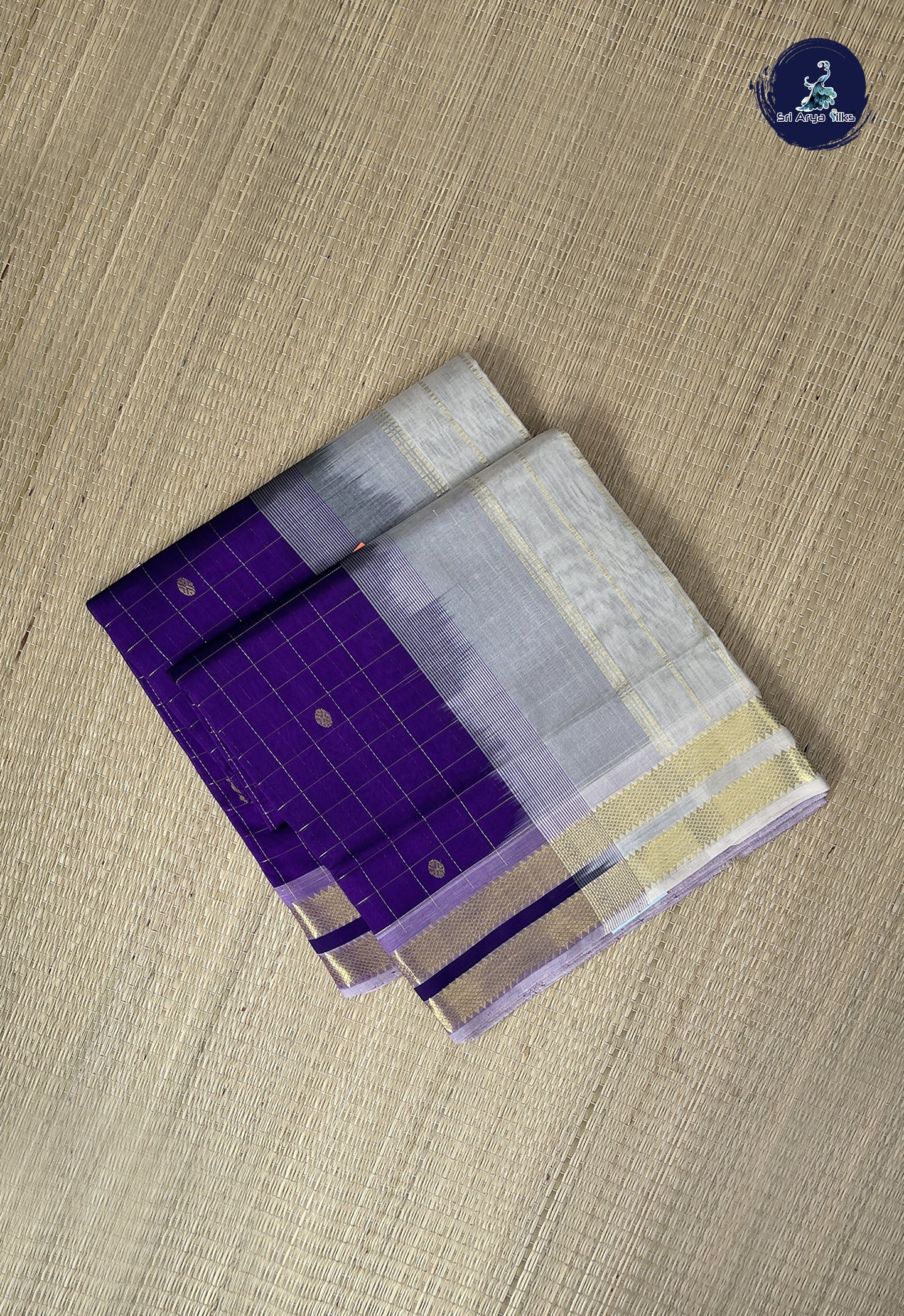 Dark Violet Checked Saree With Zari Checked Pattern