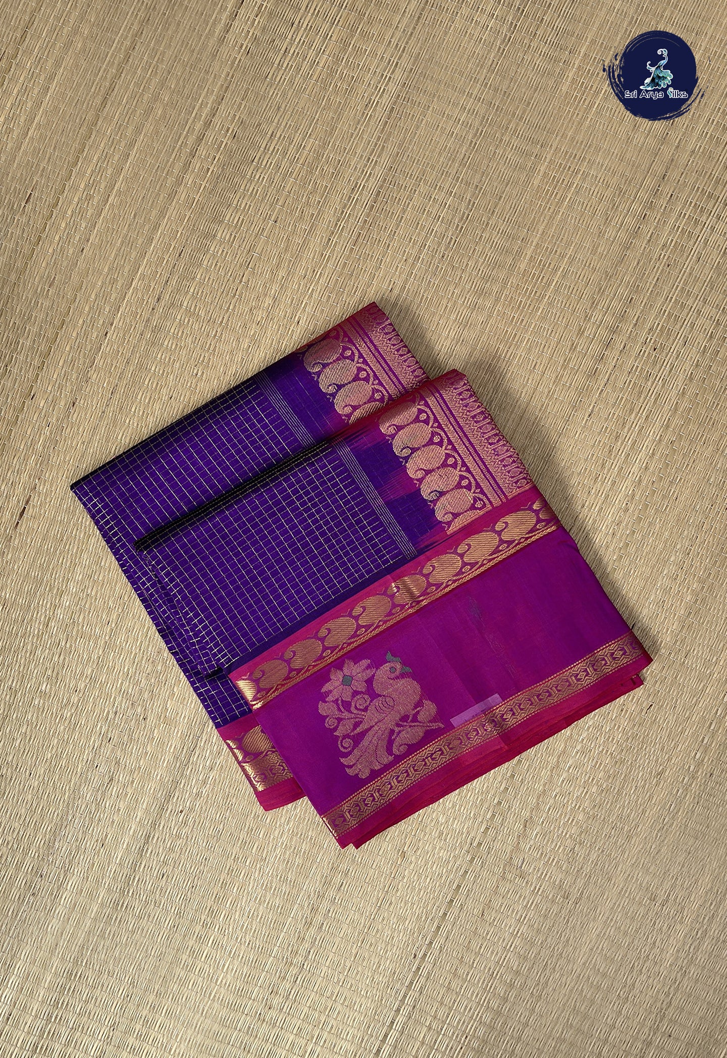 Dark Violet Checked Saree With Zari Checked Pattern