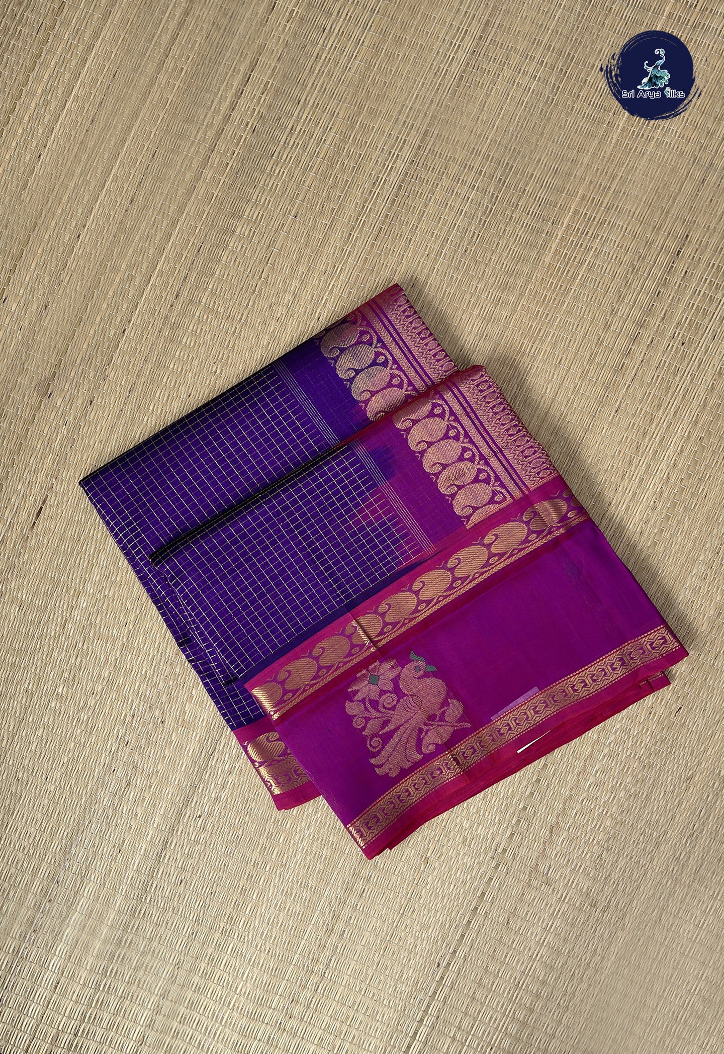 Dark Violet Checked Saree With Zari Checked Pattern