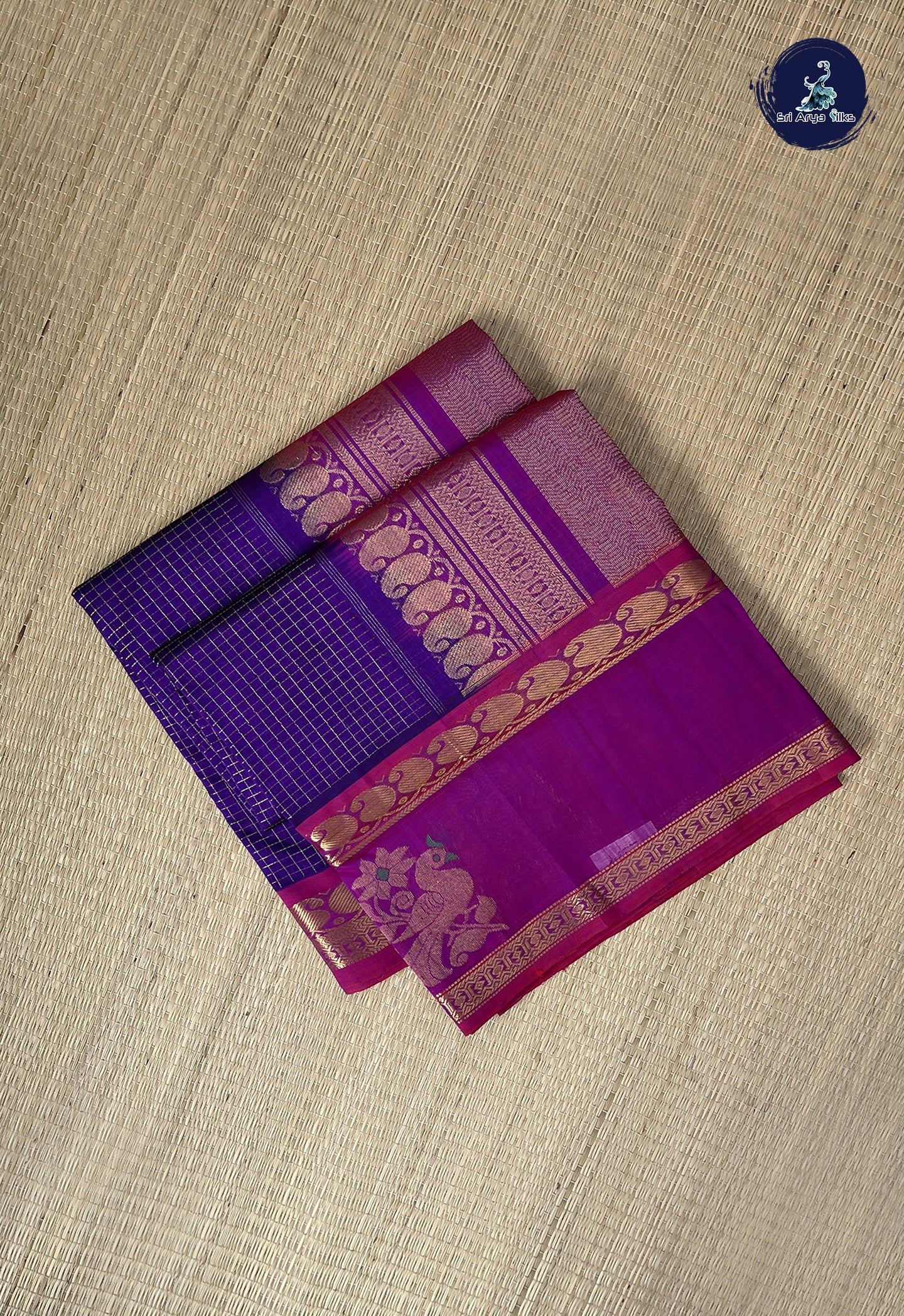 Dark Violet Checked Saree With Zari Checked Pattern