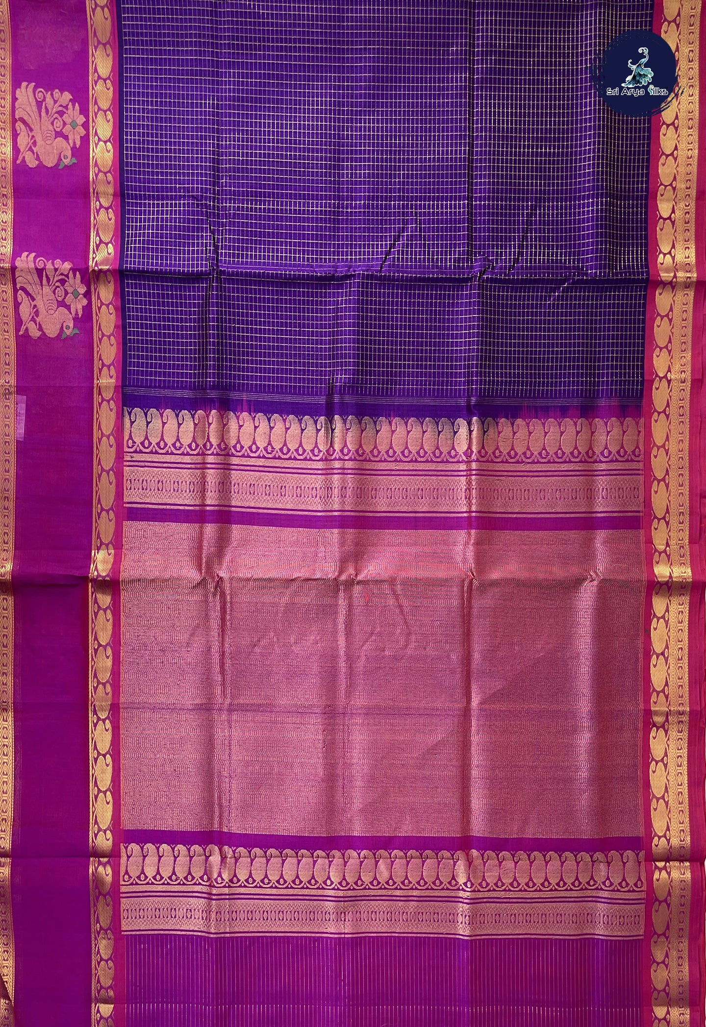 Dark Violet Checked Saree With Zari Checked Pattern