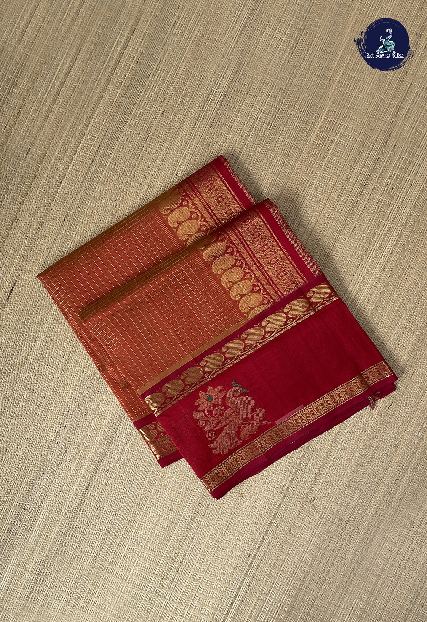 Orange Checked Saree With Zari Checked Pattern