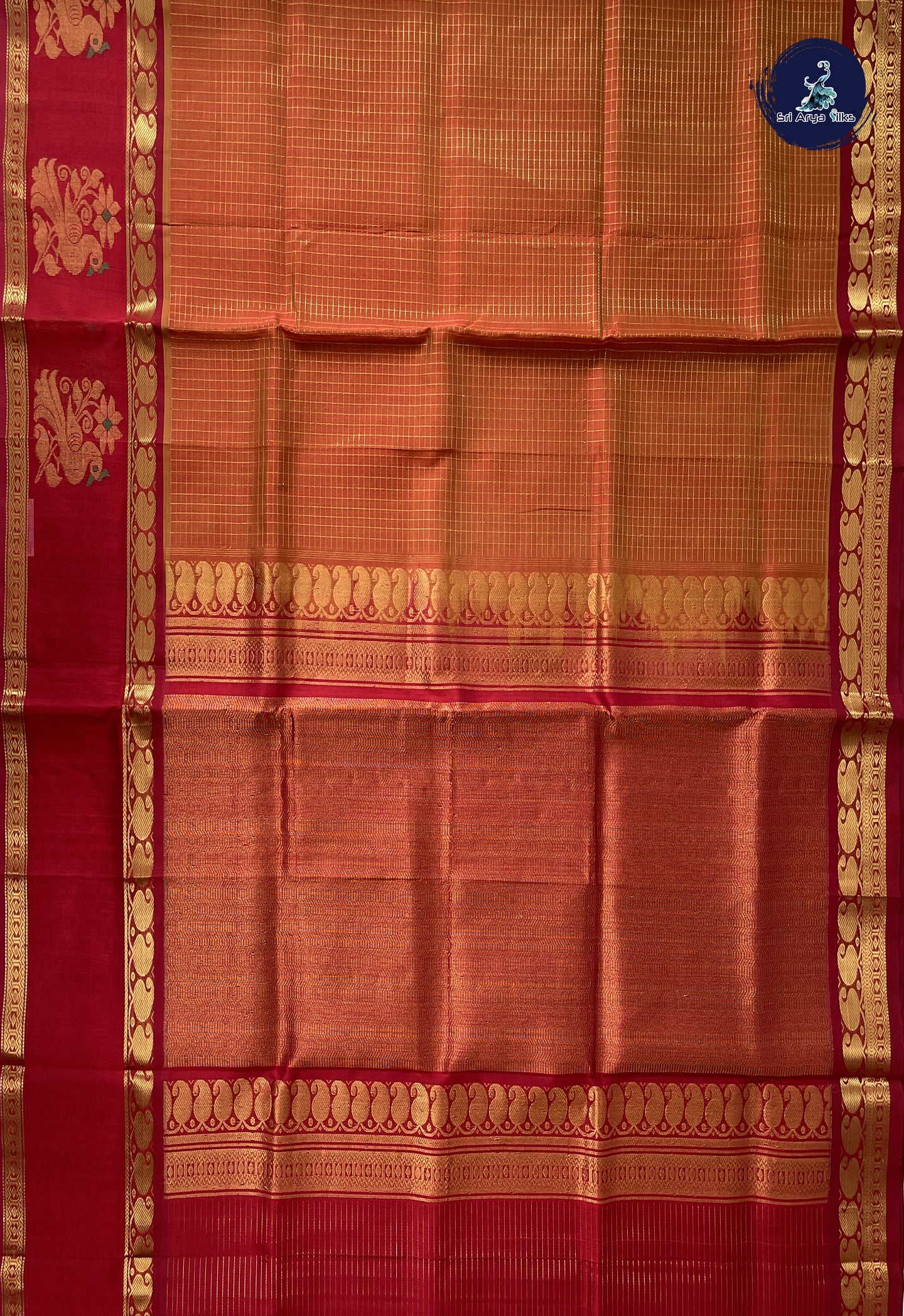 Orange Checked Saree With Zari Checked Pattern