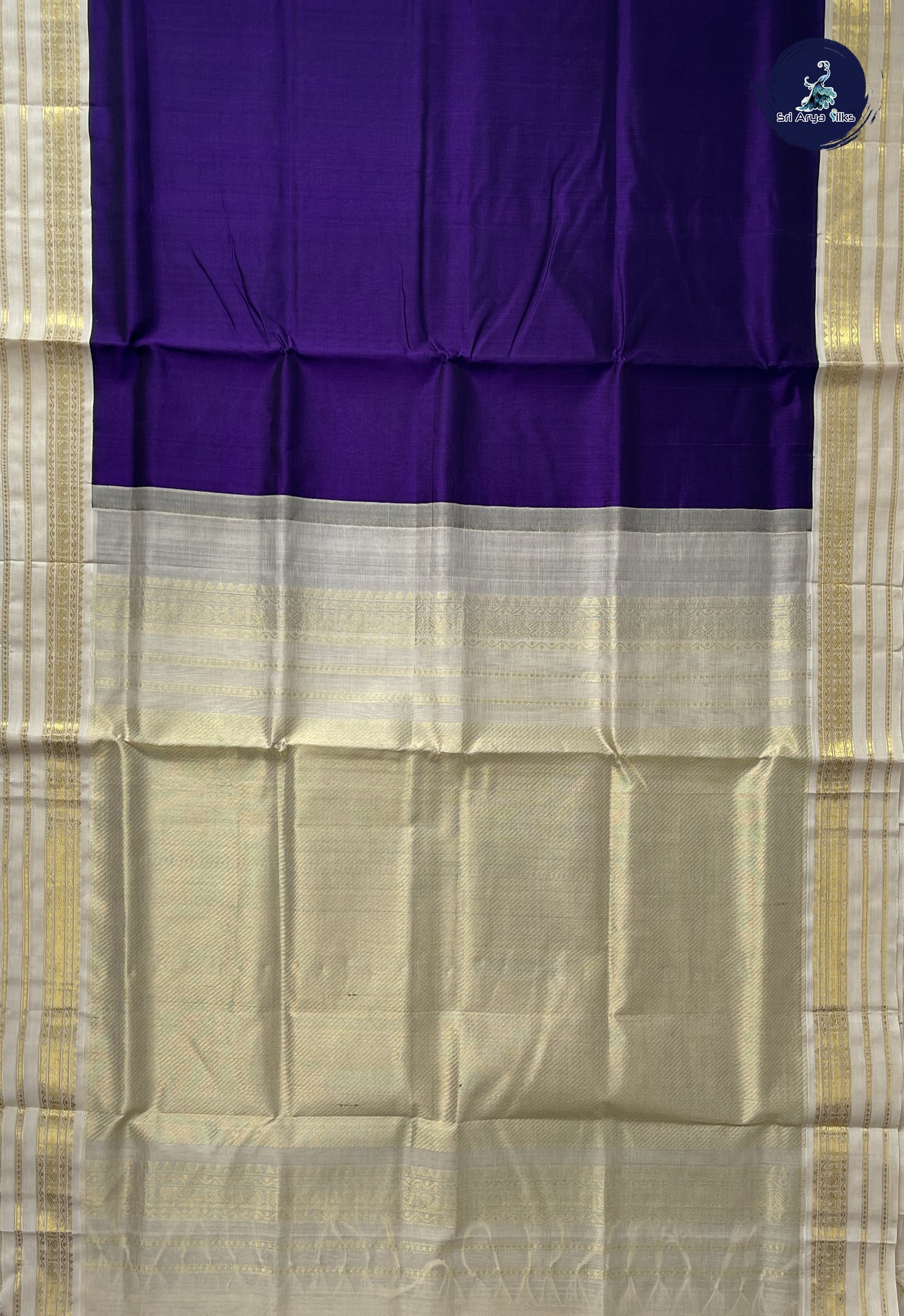 Dark Violet Korvai Silk Cotton Saree With Plain Pattern