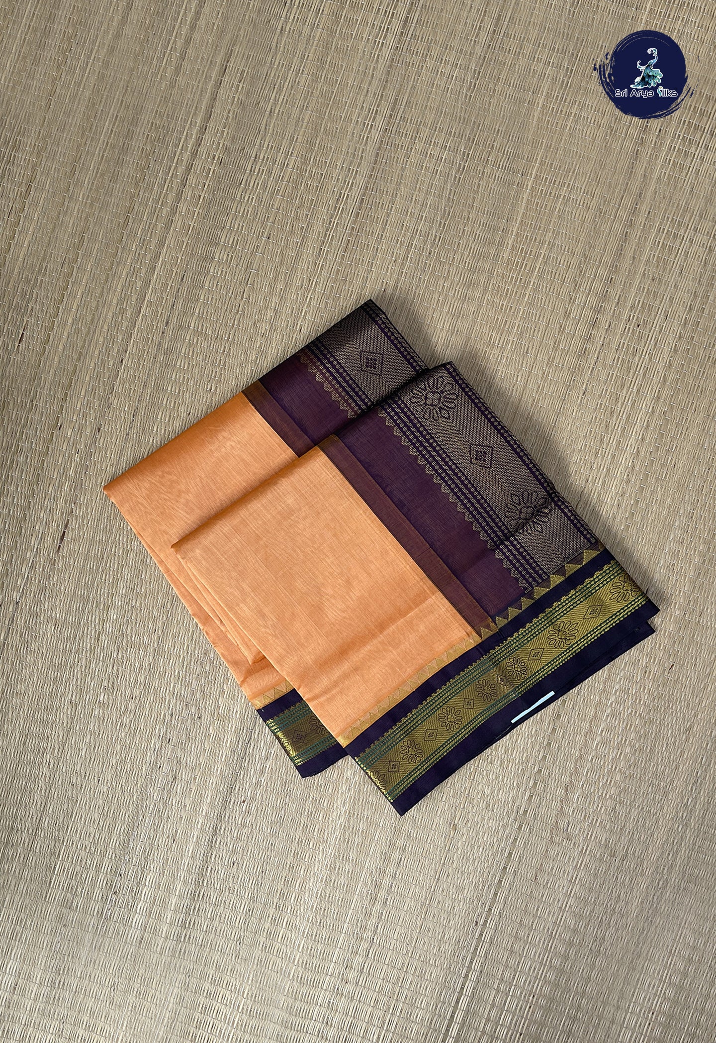 Orange Korvai Silk Cotton Saree With Plain Pattern