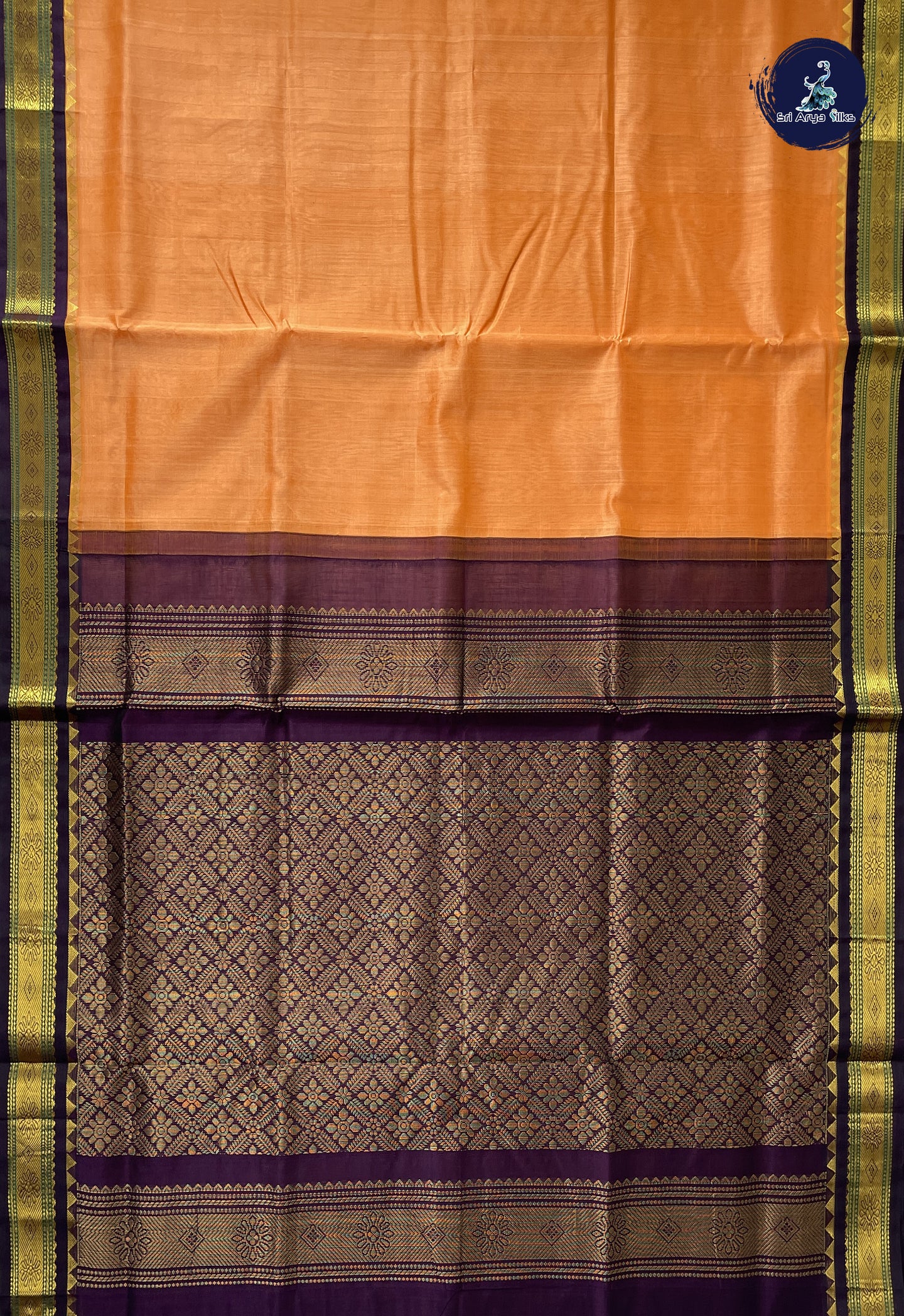 Orange Korvai Silk Cotton Saree With Plain Pattern