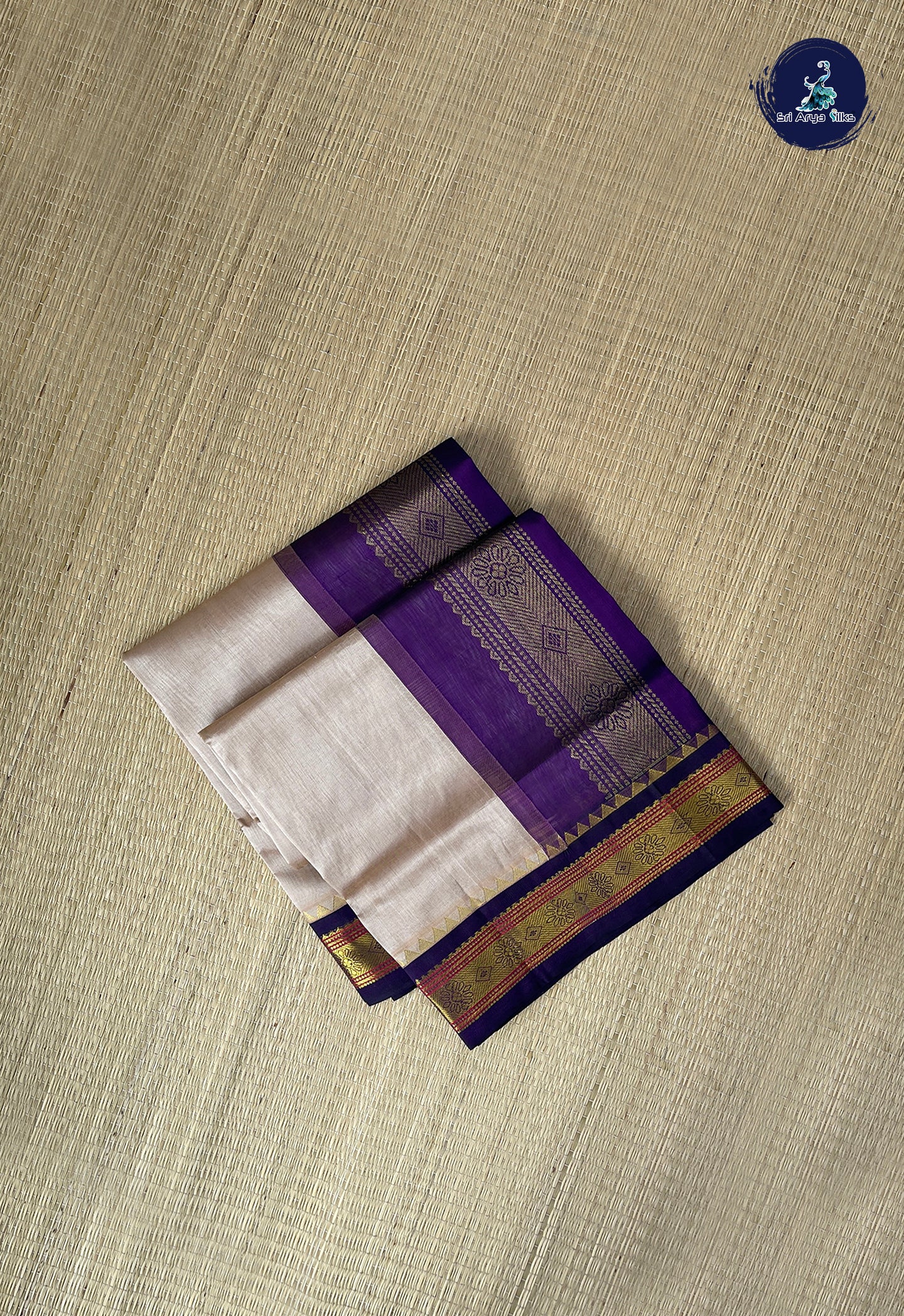 Beige Korvai Silk Cotton Saree With Plain Pattern