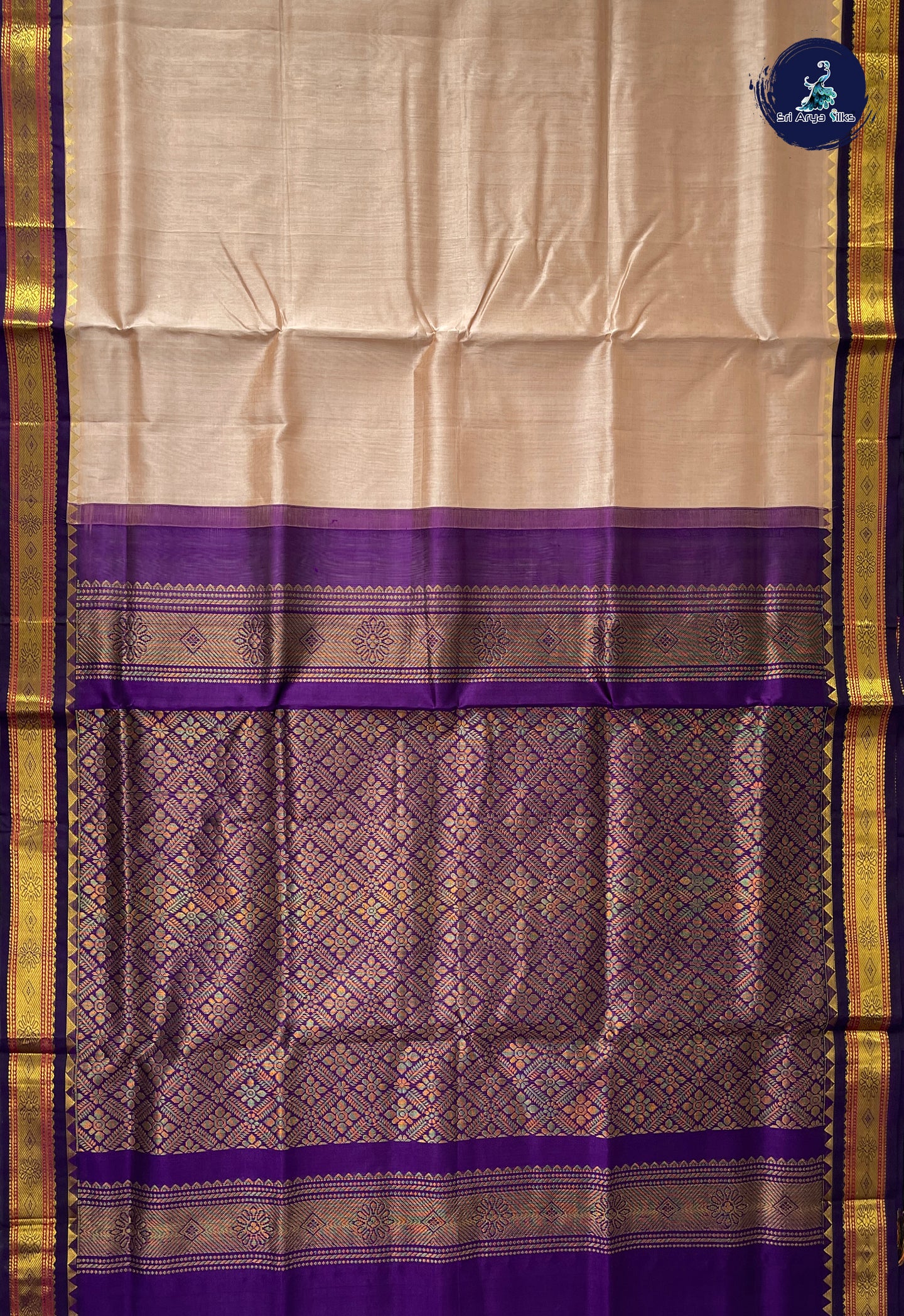 Beige Korvai Silk Cotton Saree With Plain Pattern