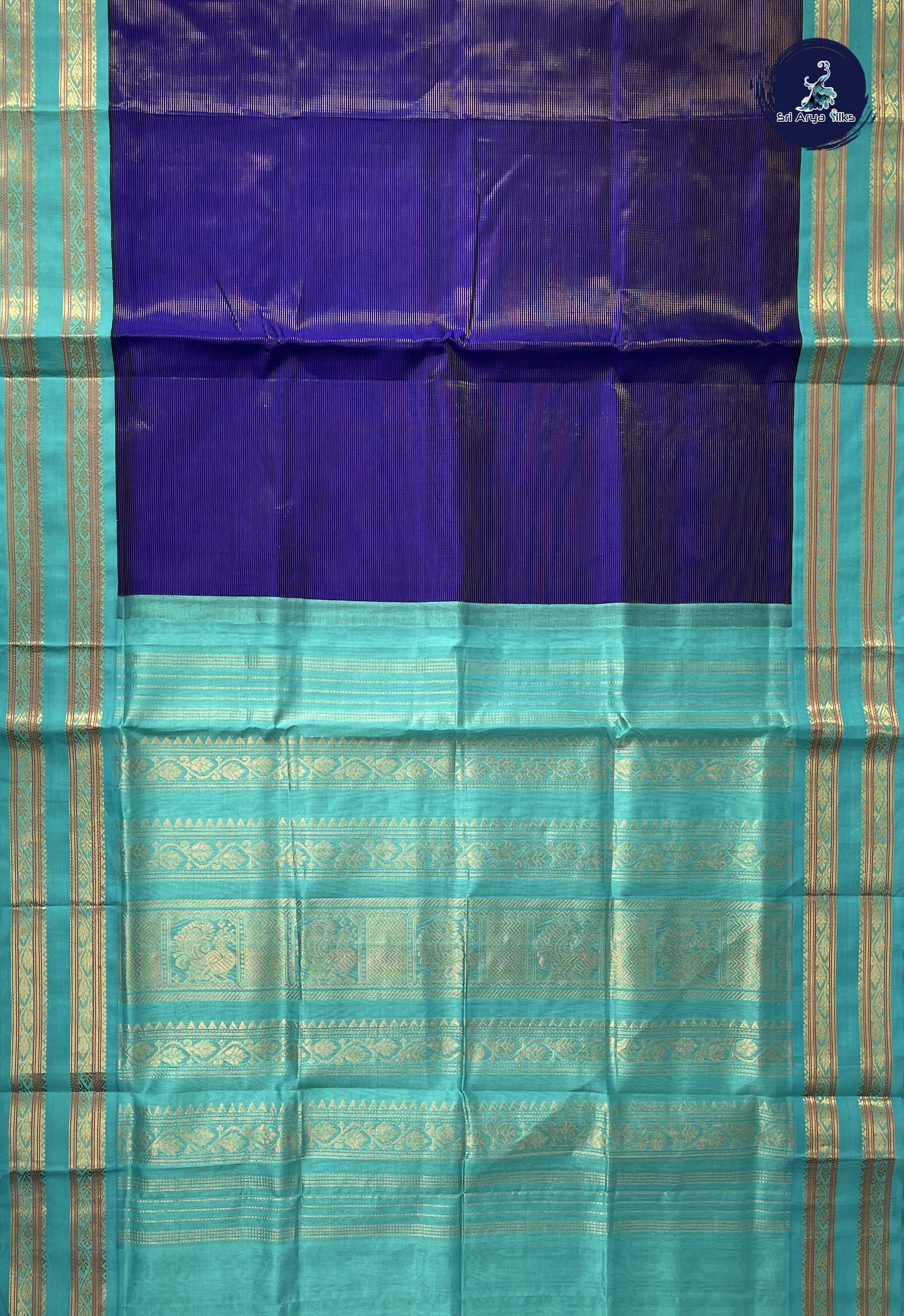Dark Blue Vaira Oosi Silk Cotton Saree With Vaira Oosi Pattern