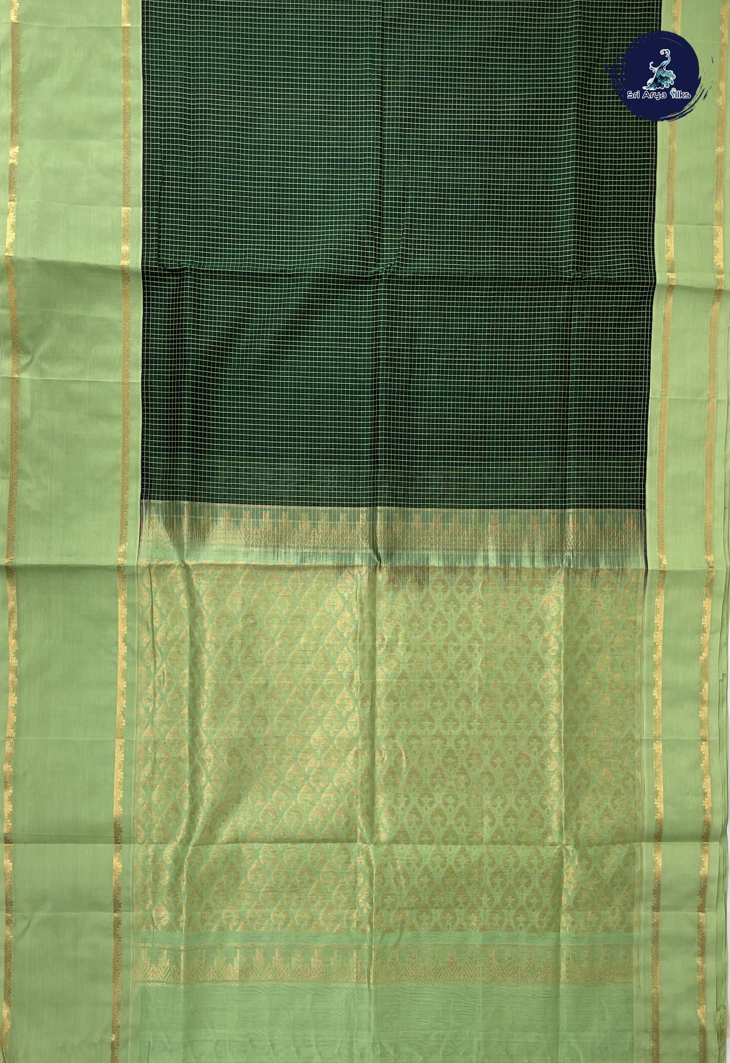 Bottle Green Checked Saree With Checked Pattern