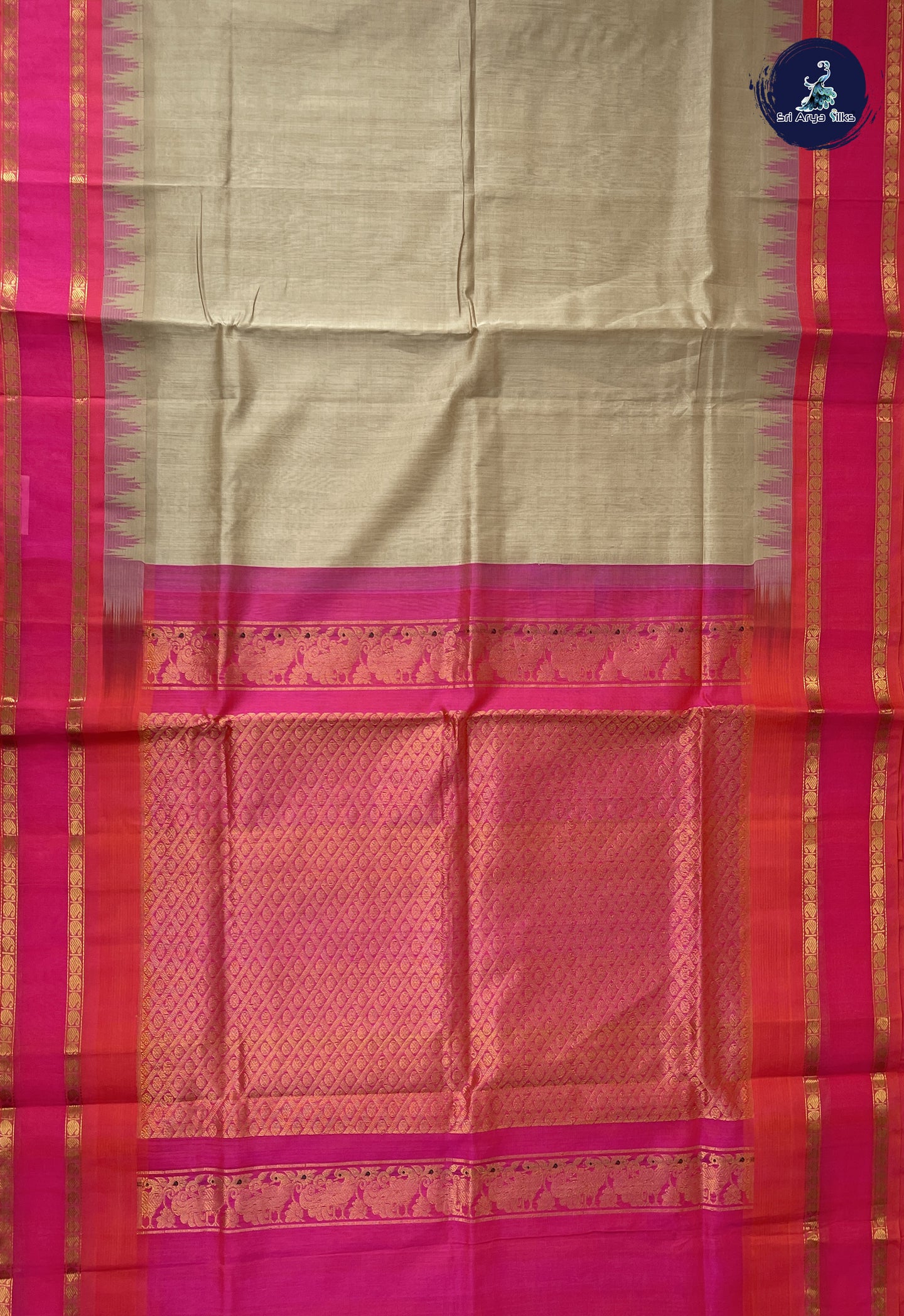 Beige Korvai Silk Cotton Saree With Plain Pattern