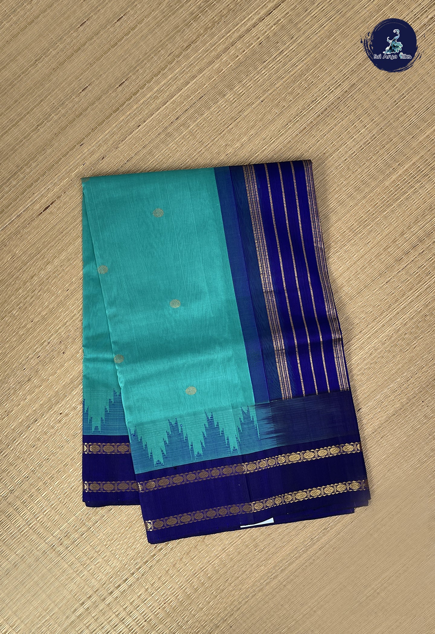 Teal Blue Korvai Silk Cotton Saree With Zari Buttas Pattern