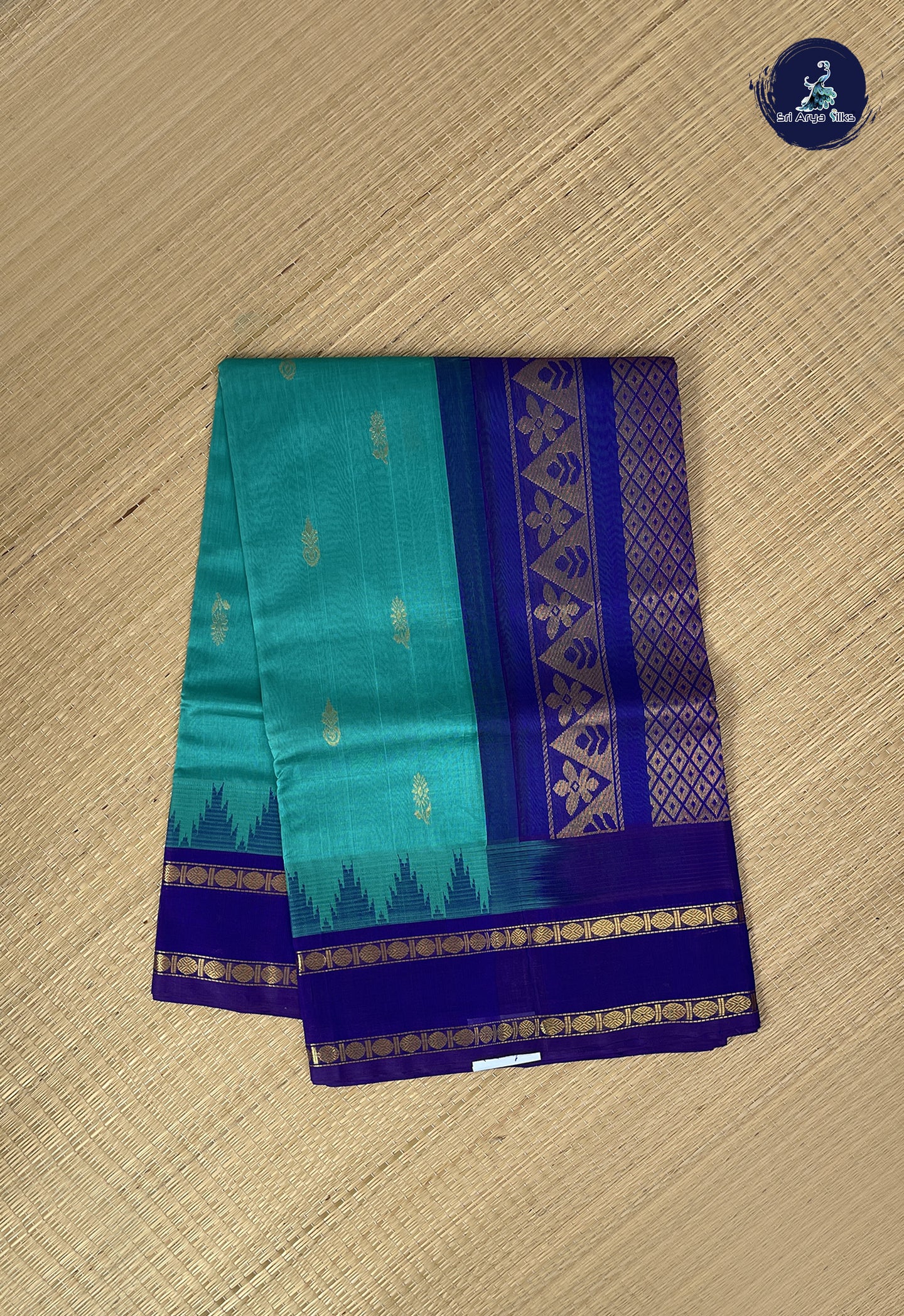 Teal Blue Korvai Silk Cotton Saree With Zari Buttas Pattern