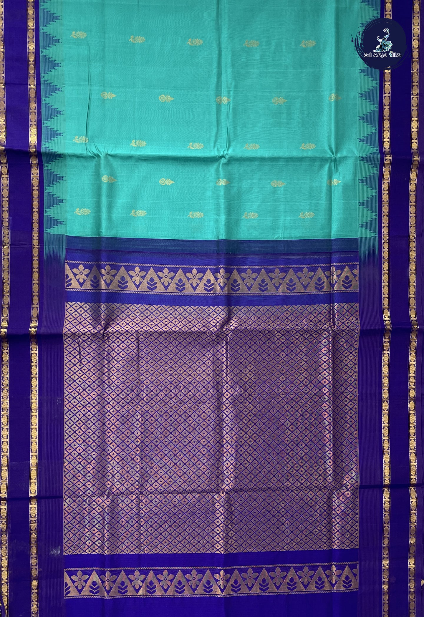 Teal Blue Korvai Silk Cotton Saree With Zari Buttas Pattern
