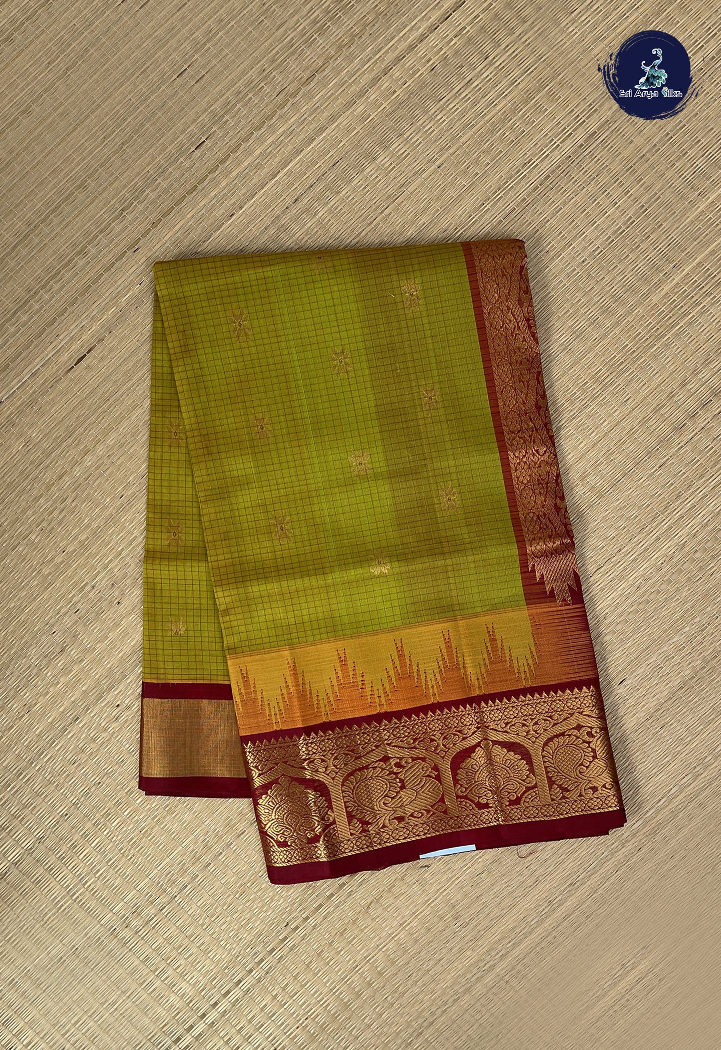Yellowish Green Checked Saree With Checked Pattern