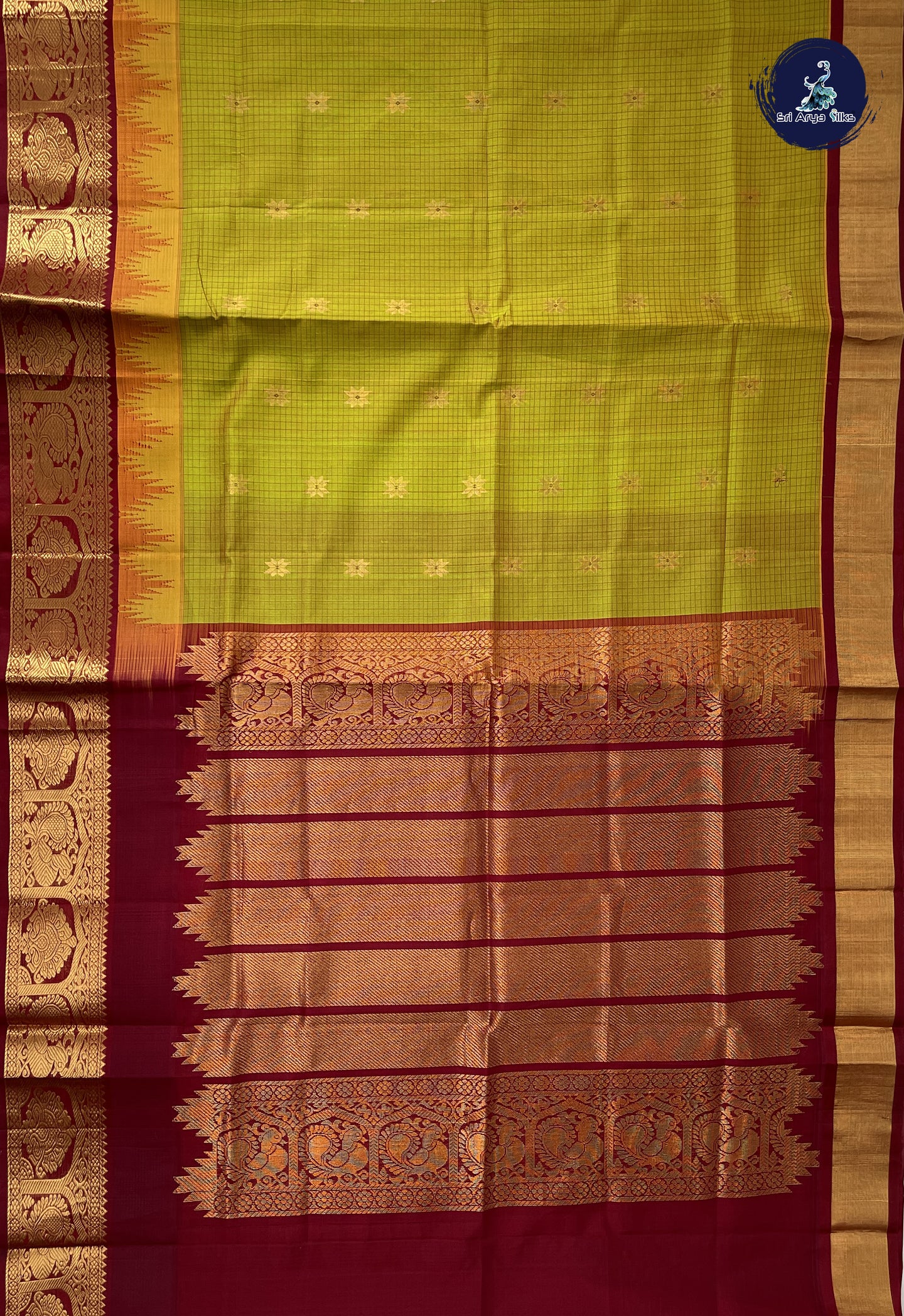 Yellowish Green Checked Saree With Checked Pattern