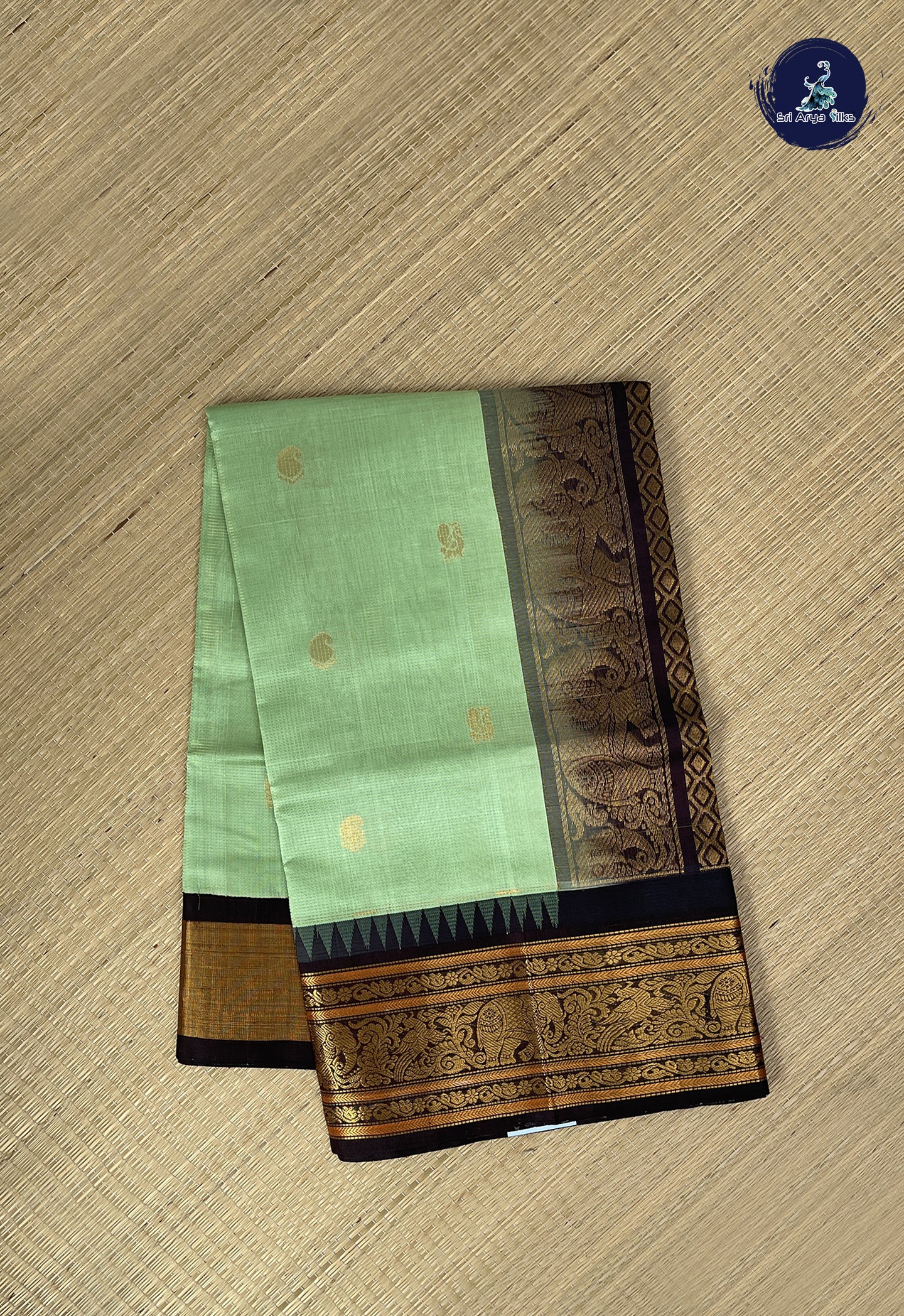 Pastel Green Vaira Oosi Silk Cotton Saree With Vaira Oosi Pattern