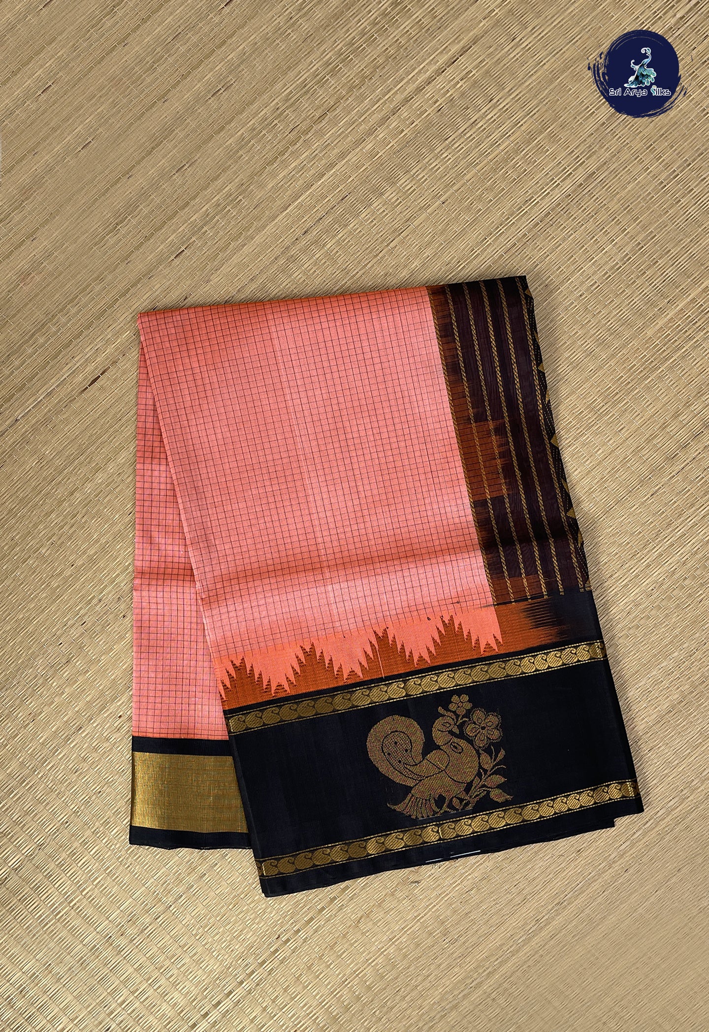 Pinkish Orange Checked Saree With Checked Pattern