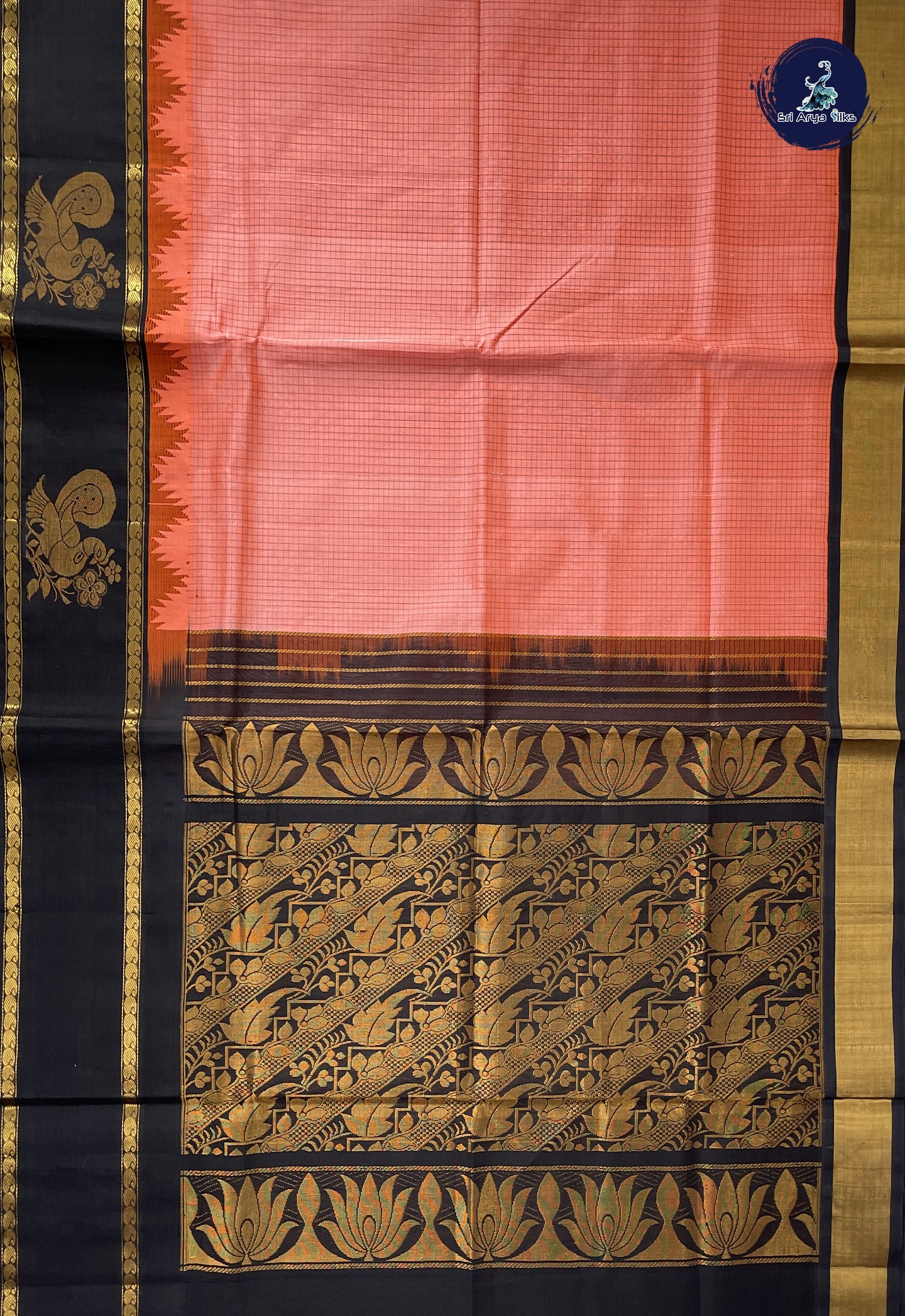Pinkish Orange Checked Saree With Checked Pattern