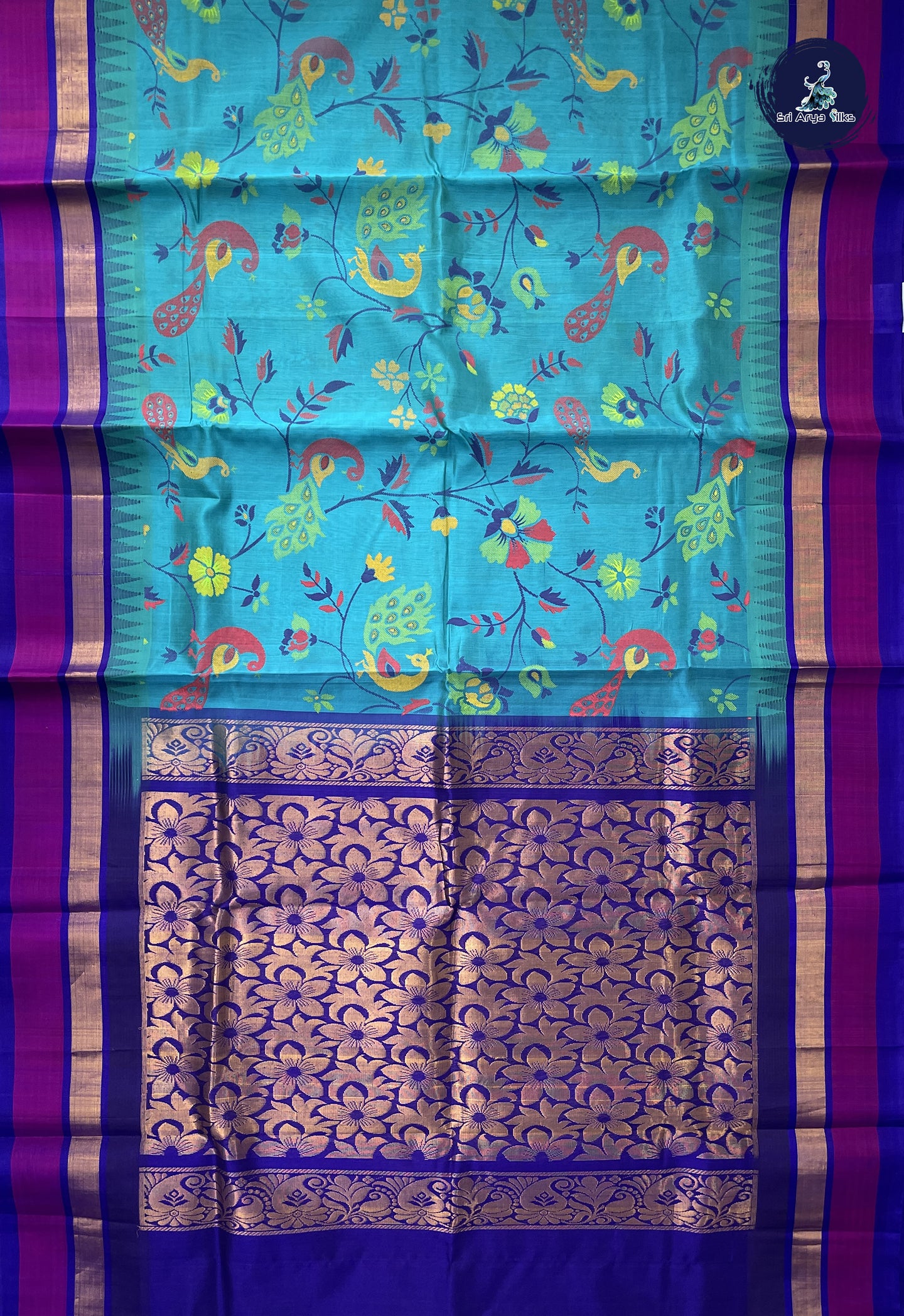 Teal Kalamkari Saree With Kalamkari Pattern