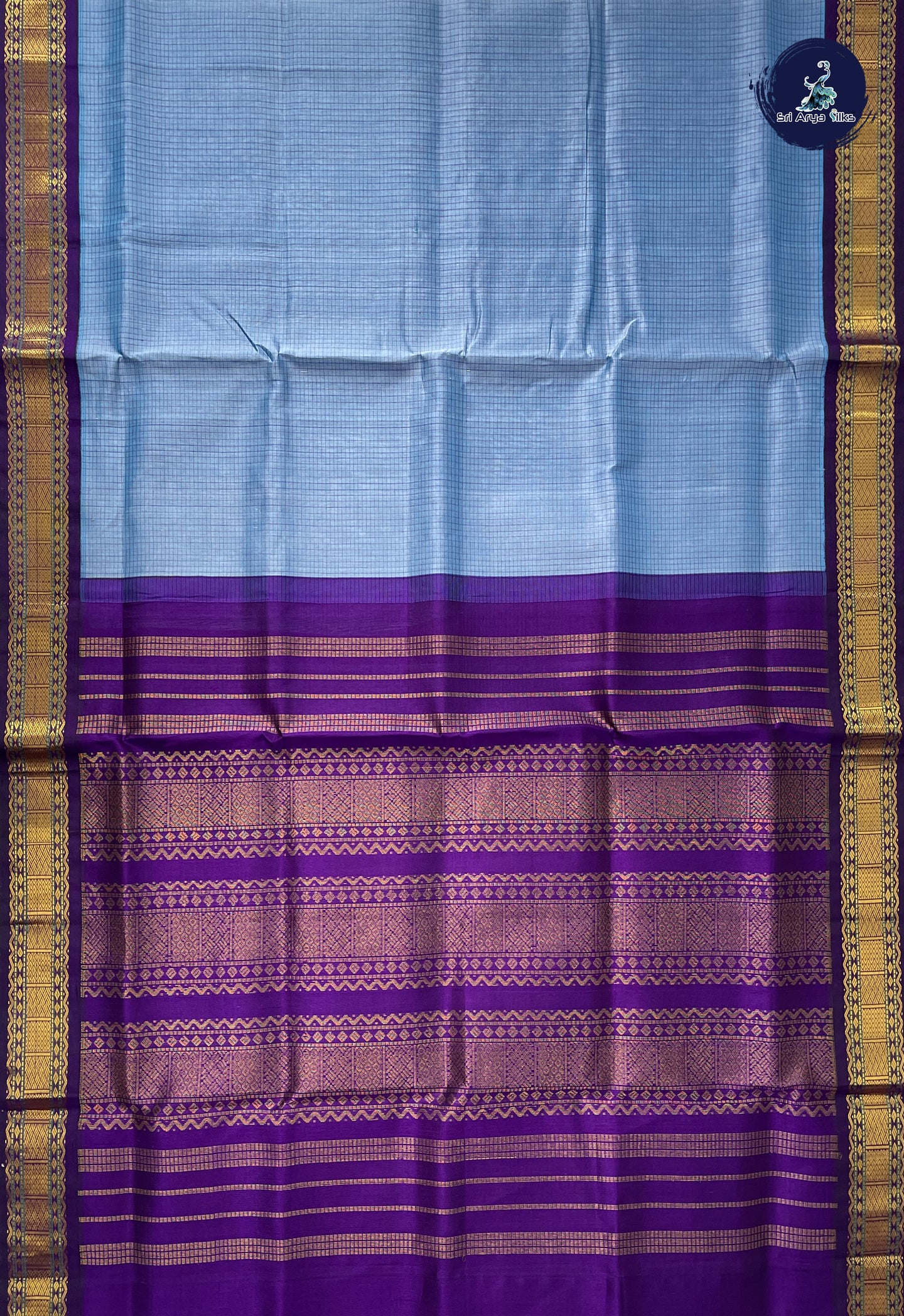Light Blue Checked Saree With Checked Pattern