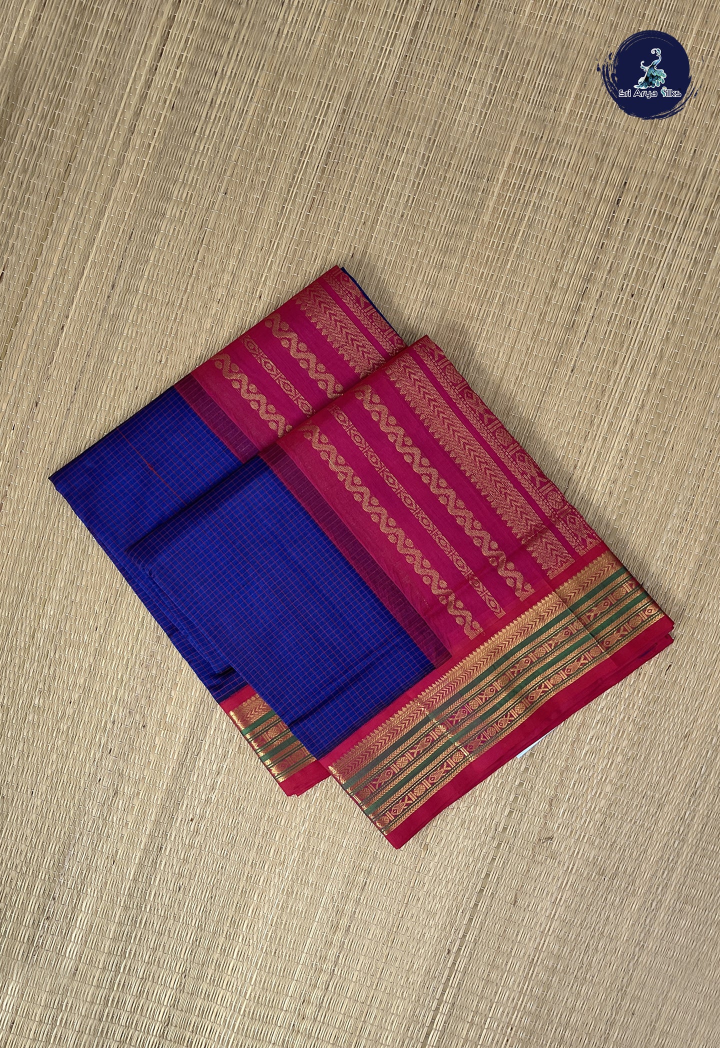 Dark Blue Checked Saree With Checked Pattern