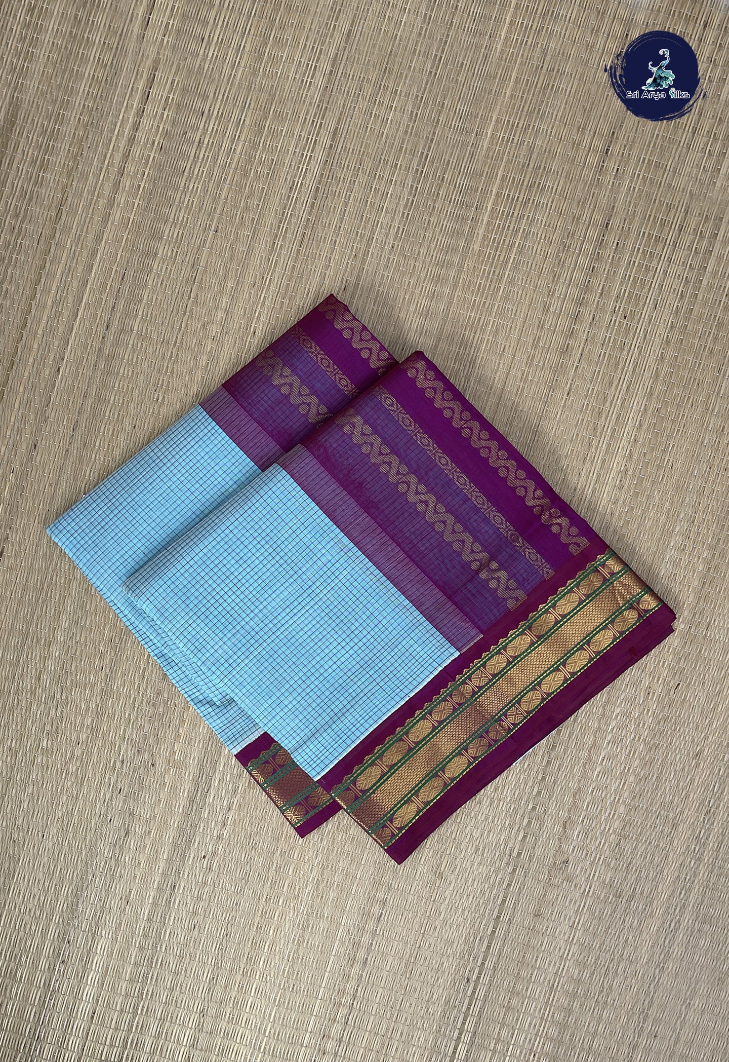 Powder Blue Checked Saree With Checked Pattern