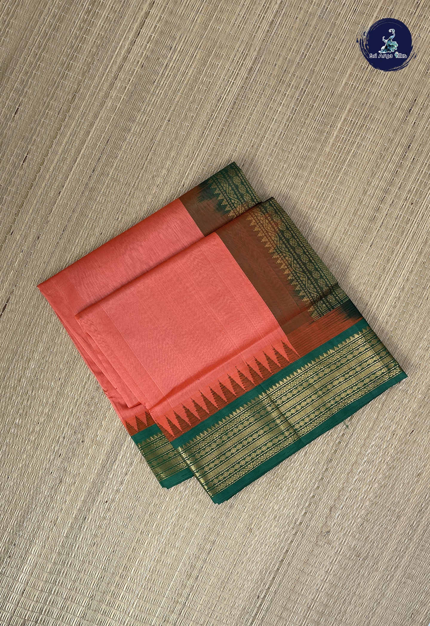 Orange Korvai Silk Cotton Saree With Plain Pattern