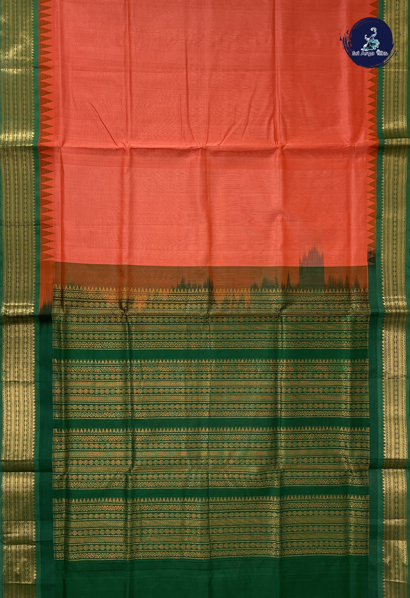 Orange Korvai Silk Cotton Saree With Plain Pattern