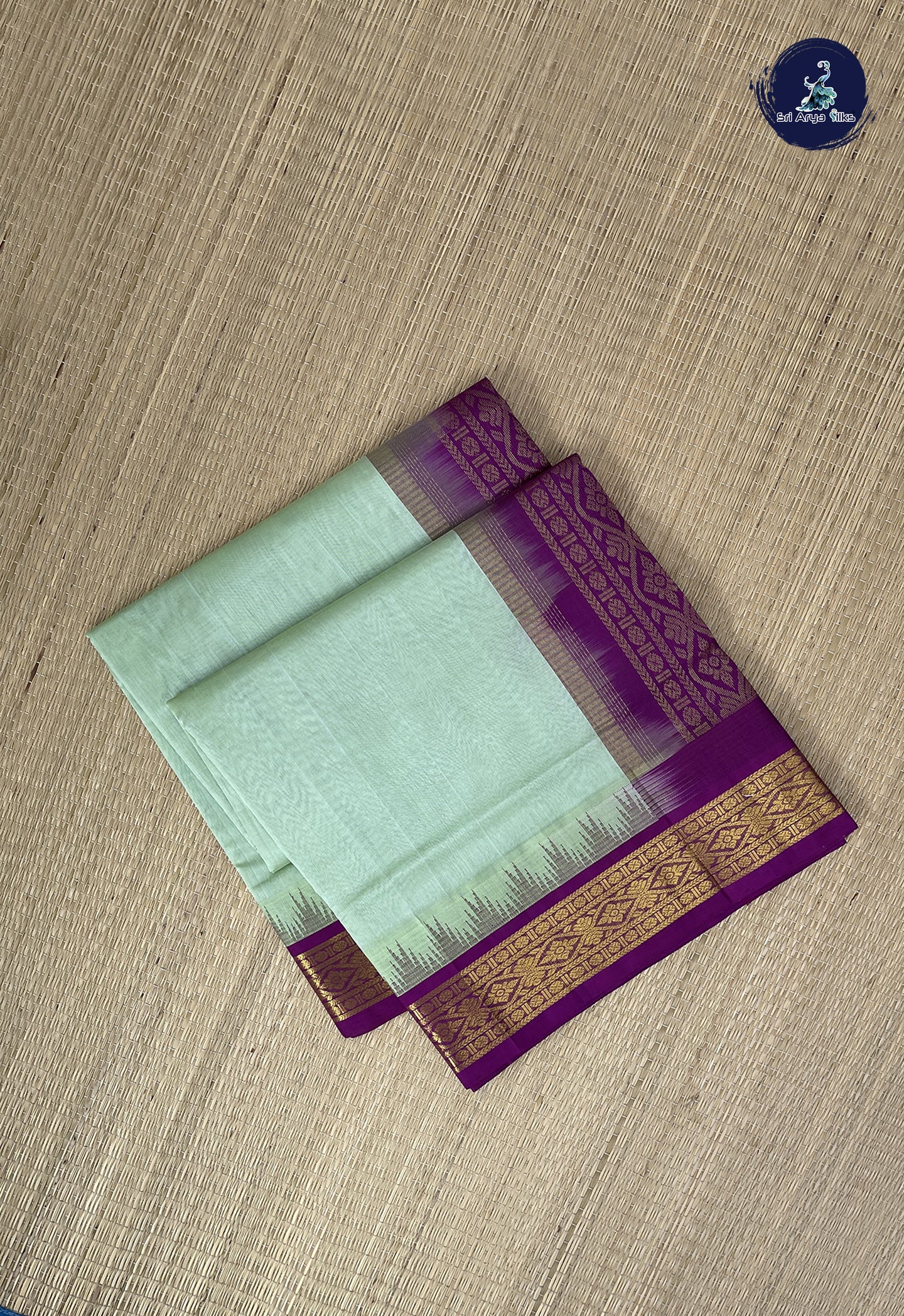 Pastel Green Korvai Silk Cotton Saree With Plain Pattern