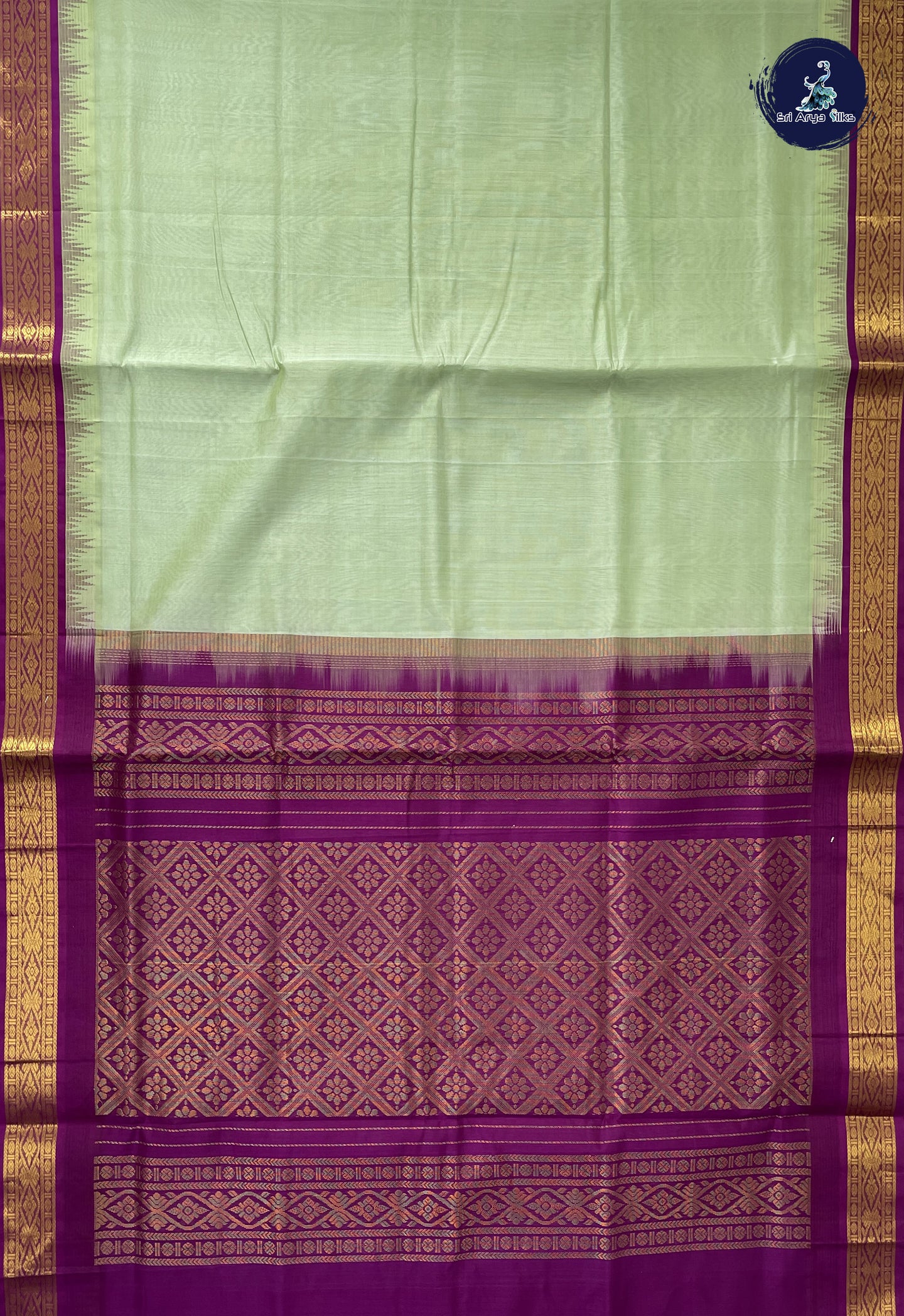Pastel Green Korvai Silk Cotton Saree With Plain Pattern