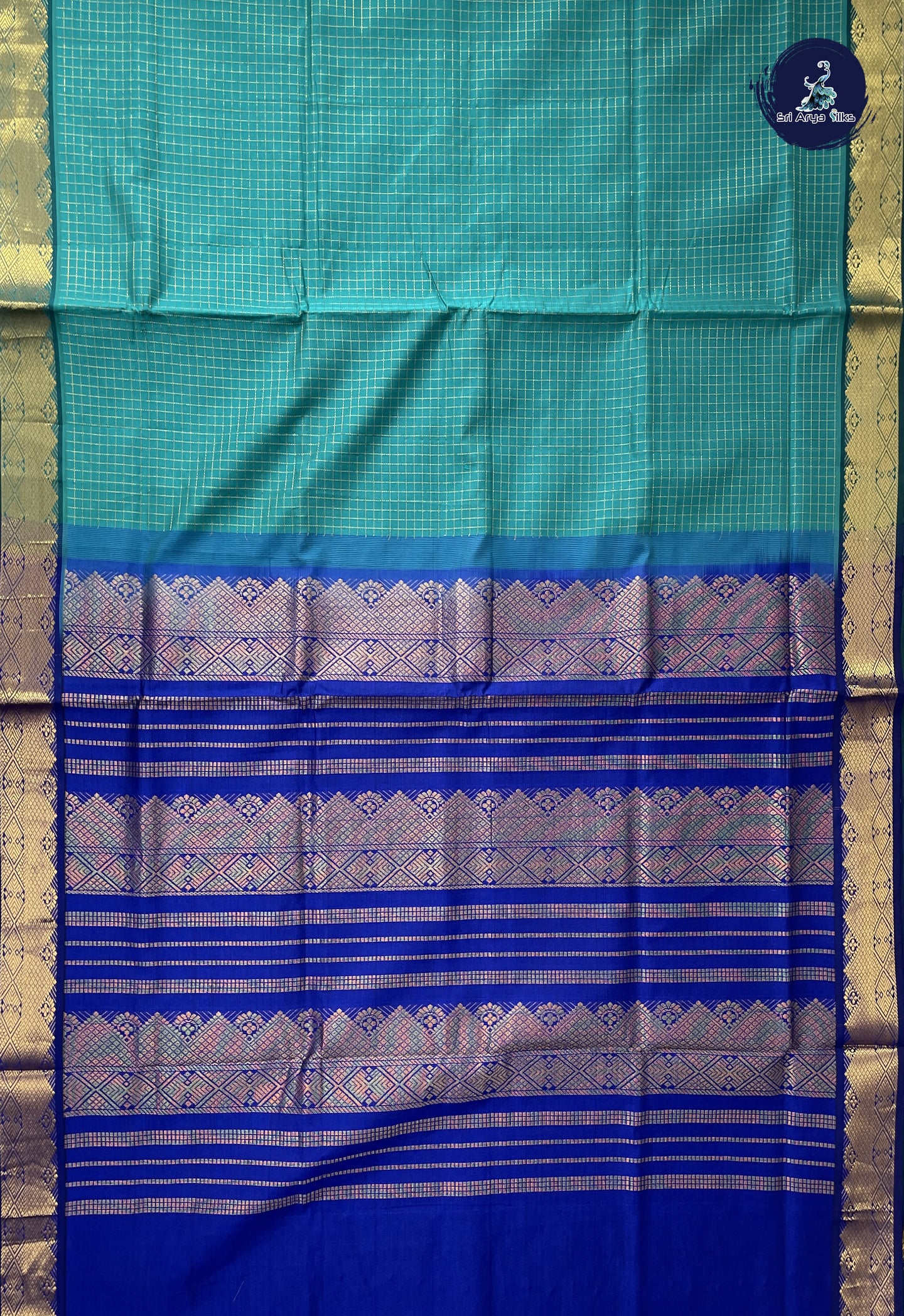 Teal Checked Saree With Checked Pattern