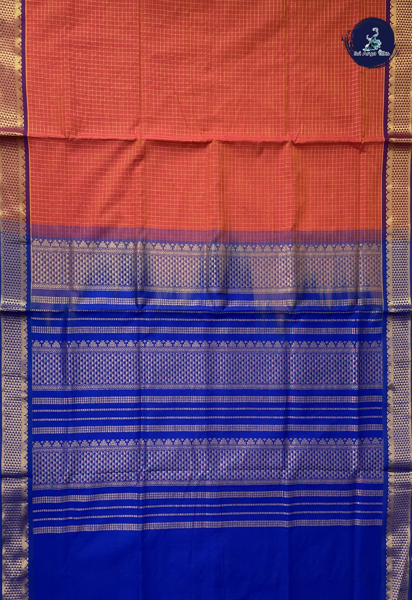 Brick Orange Checked Saree With Checked Pattern