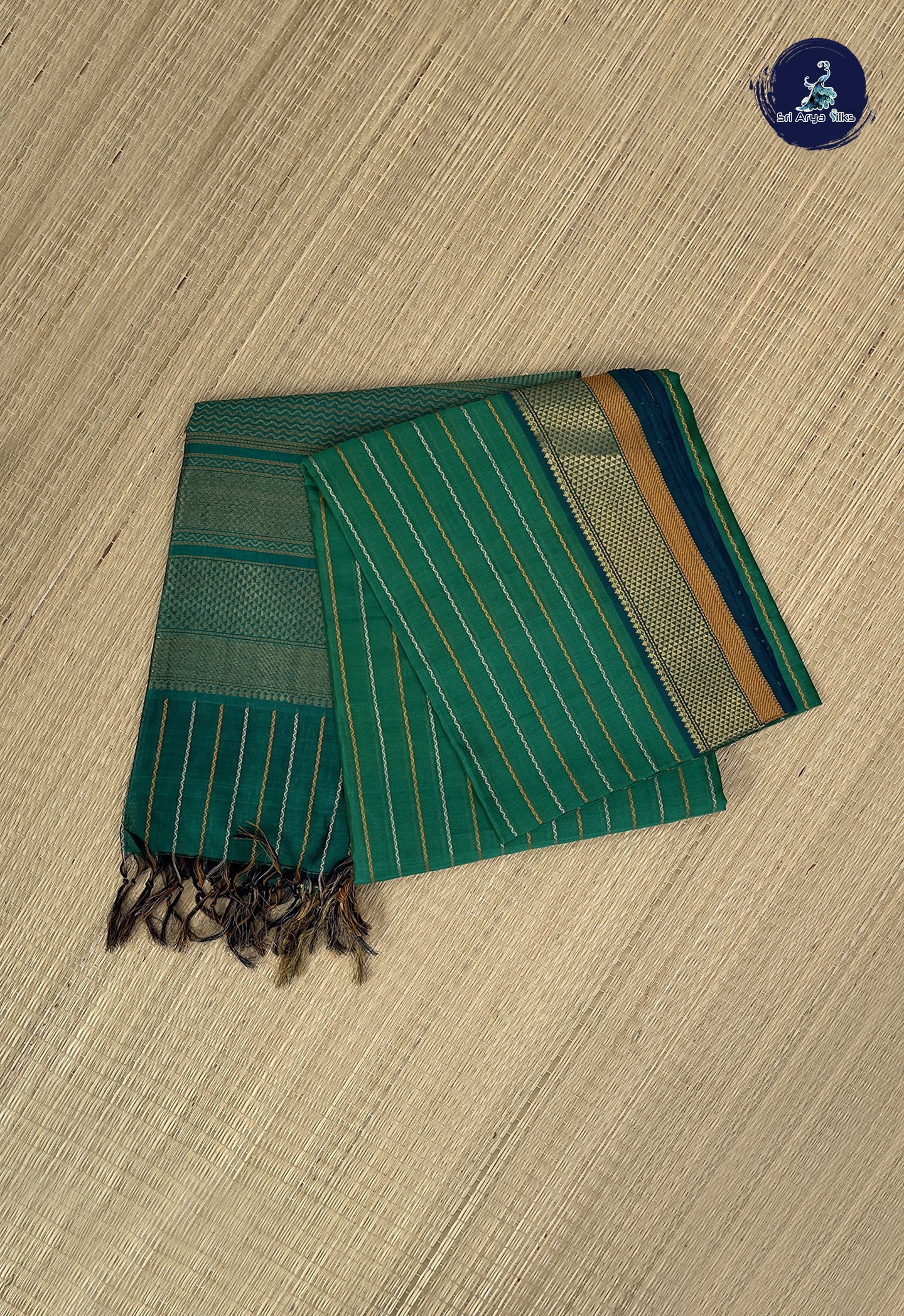 Green Bridal Silk Cotton Saree With Veldhari Stripes Pattern