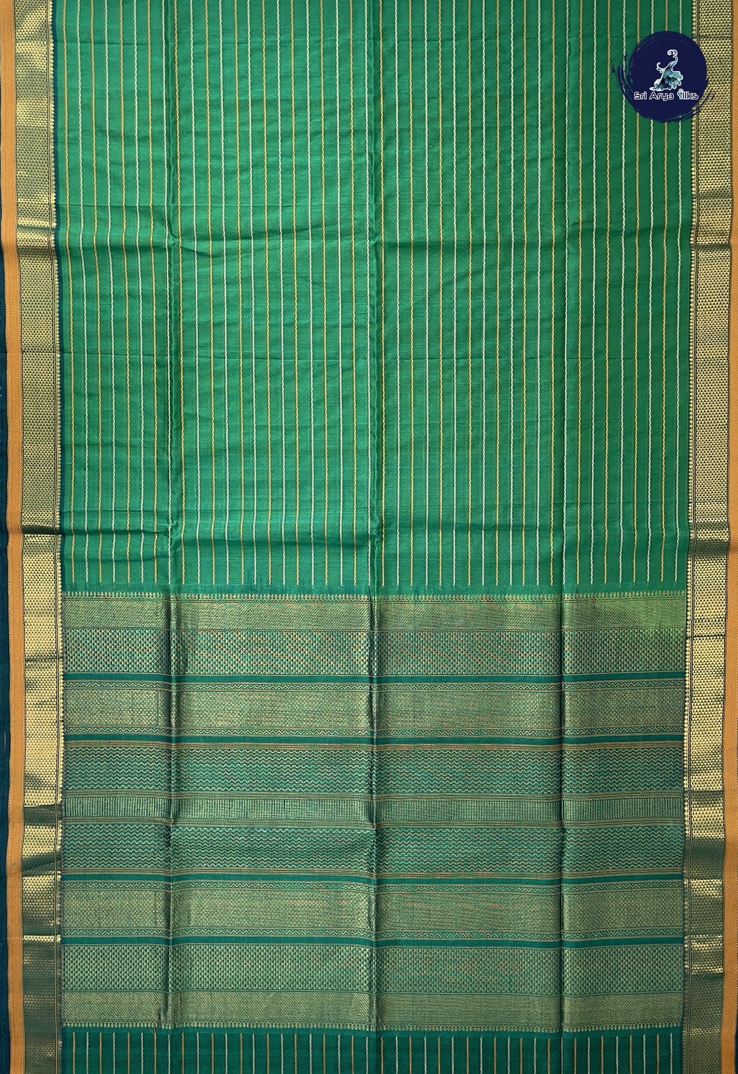 Green Bridal Silk Cotton Saree With Veldhari Stripes Pattern
