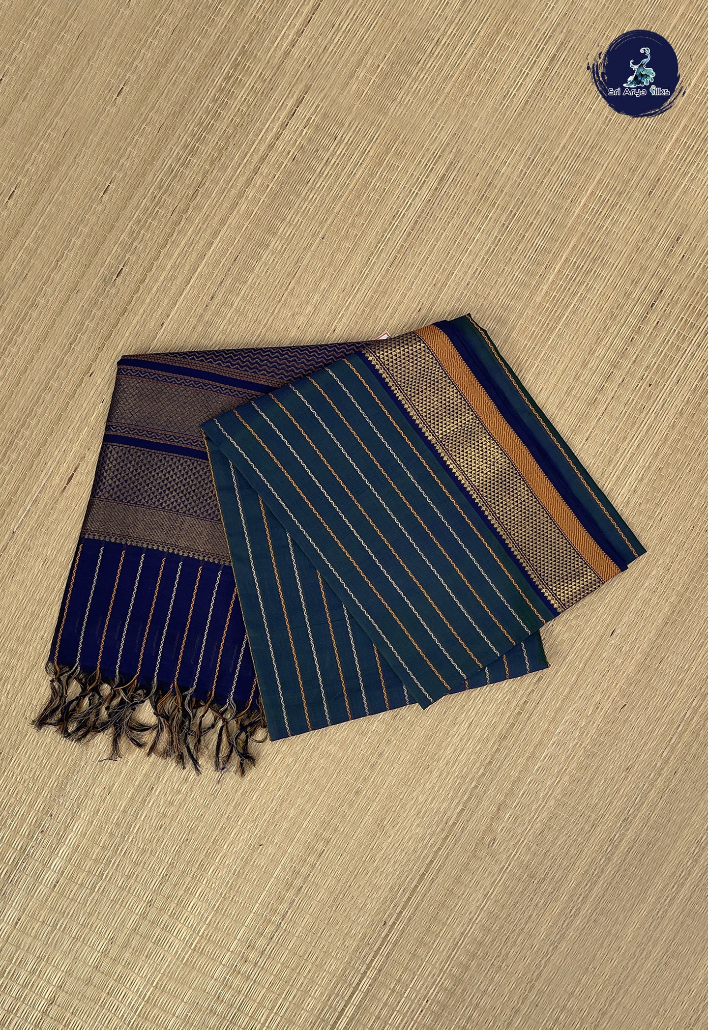 Peacock Blue Bridal Silk Cotton Saree With Veldhari Stripes Pattern
