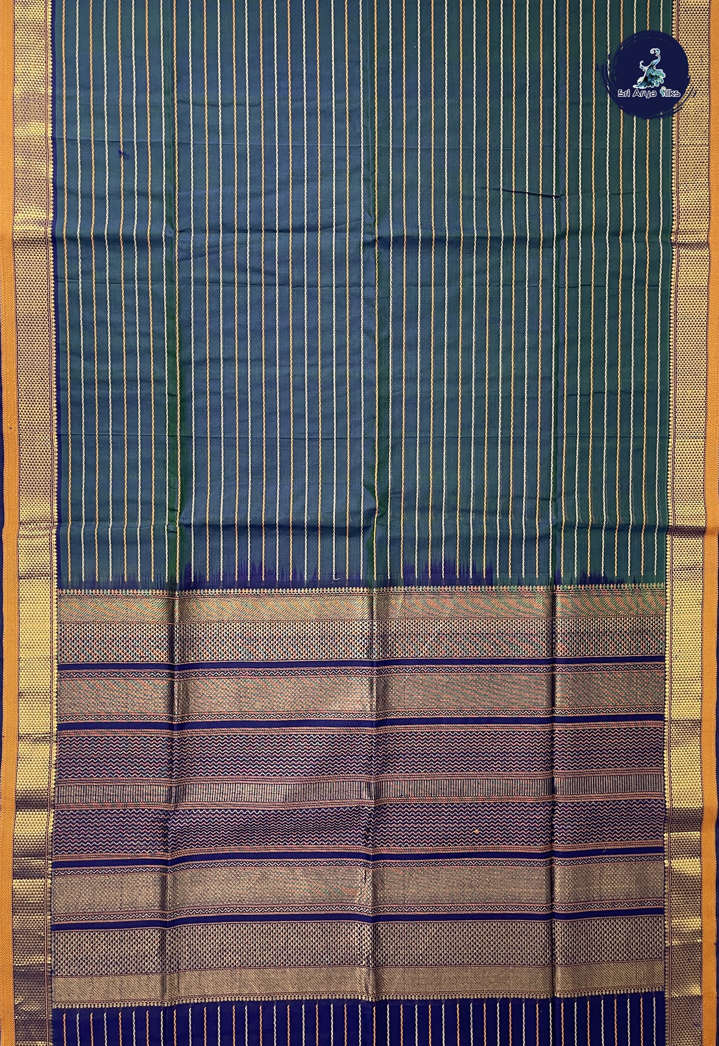 Peacock Blue Bridal Silk Cotton Saree With Veldhari Stripes Pattern