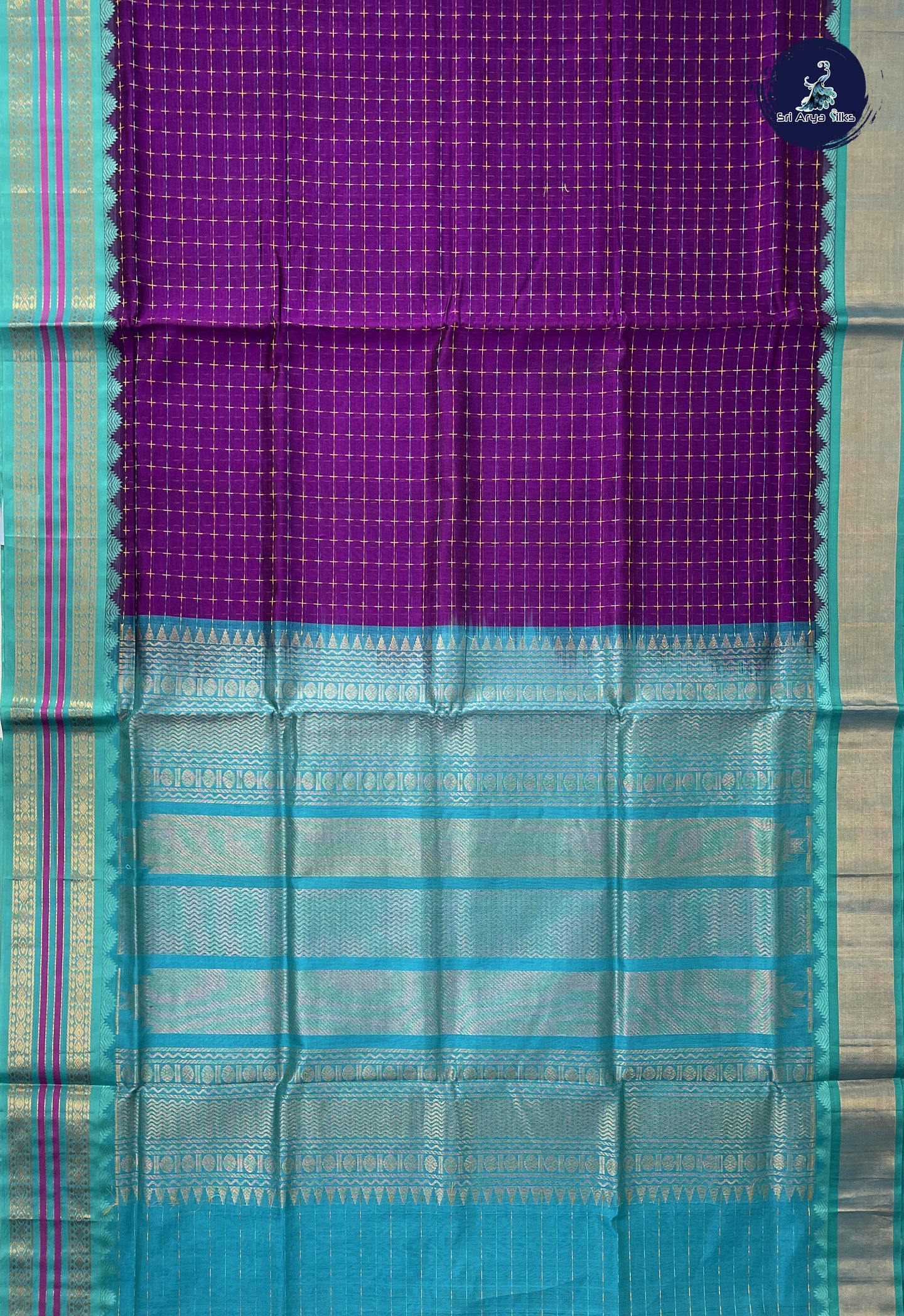 Dark Brinjal Thread Work Saree With Thread Work Pattern