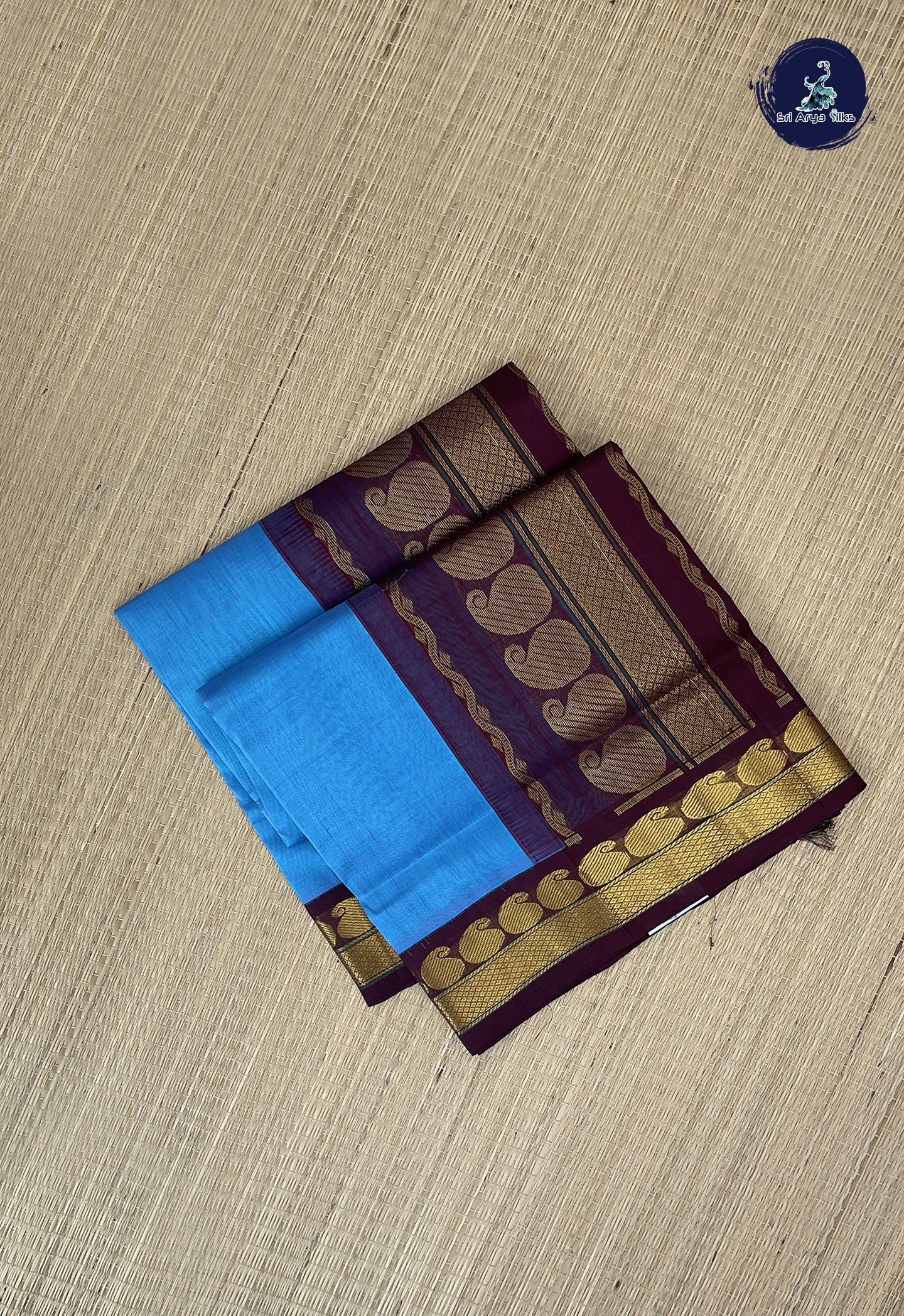Copper Sulphate Blue Korvai Silk Cotton Saree With Doria Lines Pattern