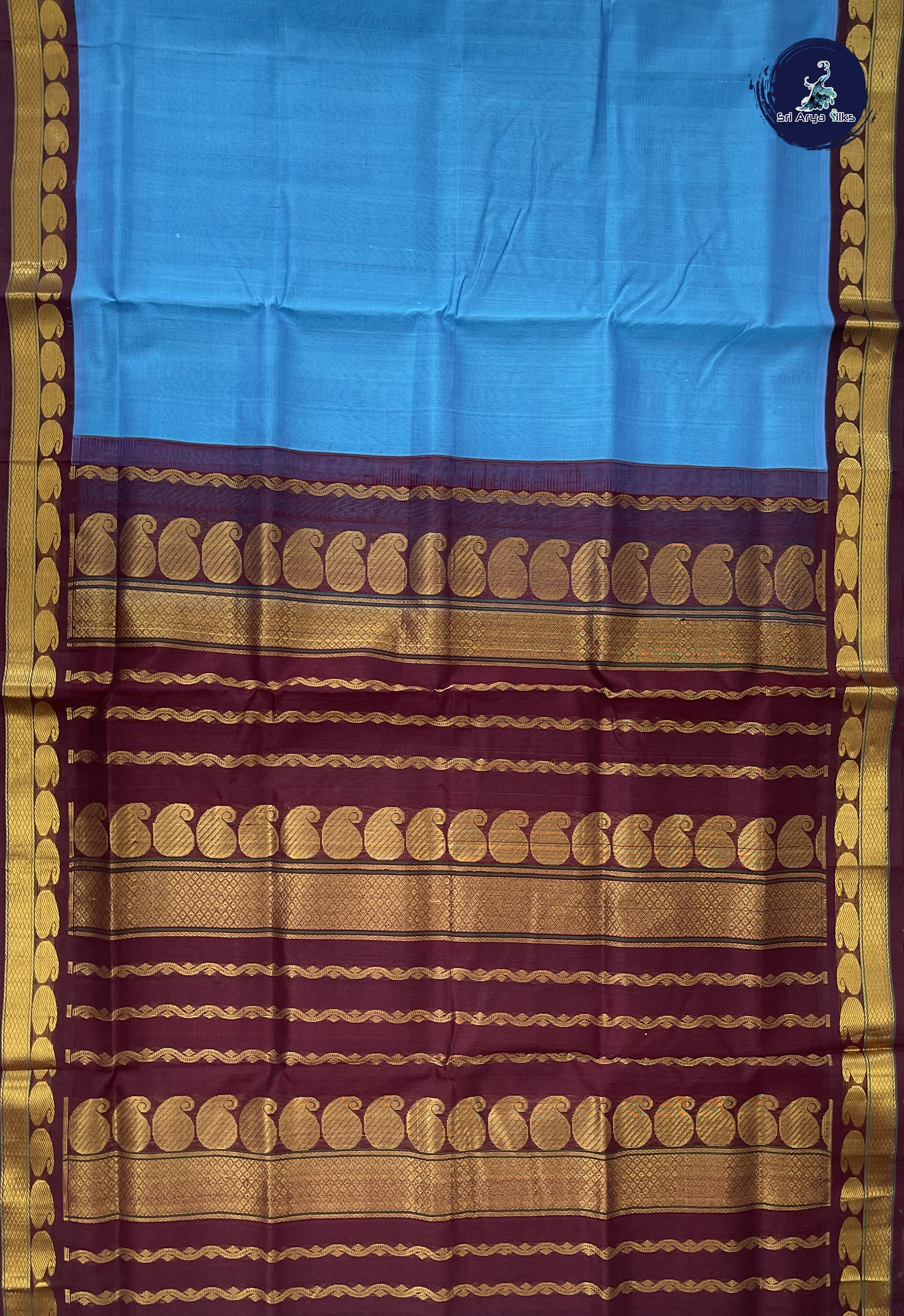Copper Sulphate Blue Korvai Silk Cotton Saree With Doria Lines Pattern