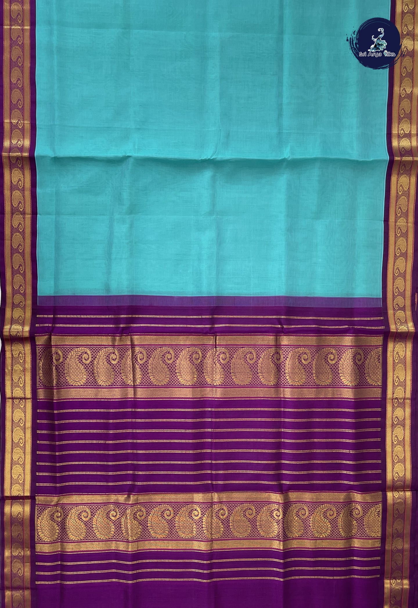 Blue Korvai Silk Cotton Saree With Plain Pattern
