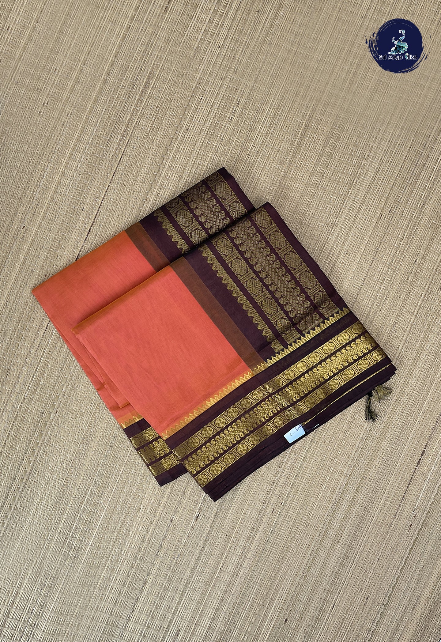 Orange Korvai Silk Cotton Saree With Plain Pattern