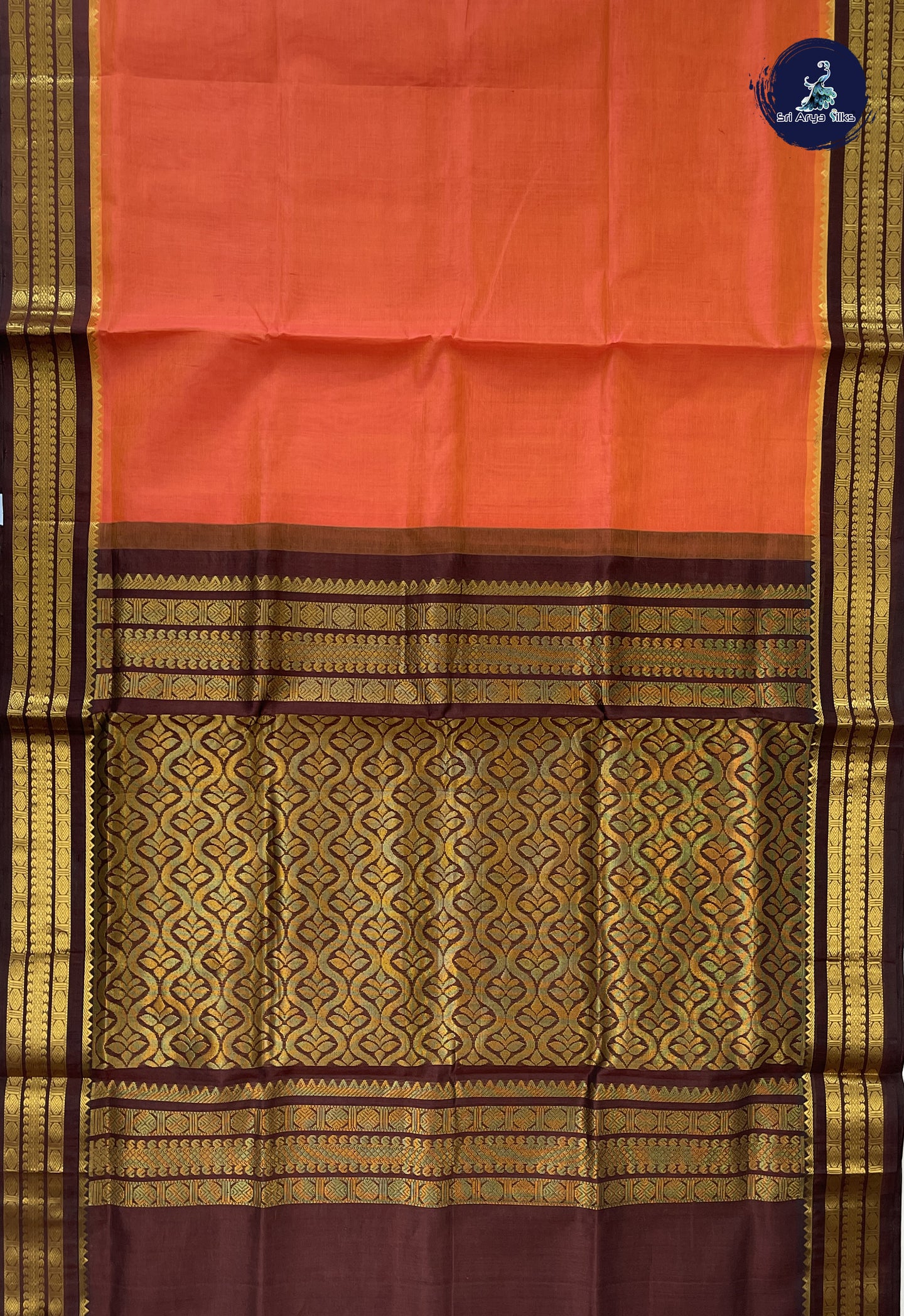 Orange Korvai Silk Cotton Saree With Plain Pattern