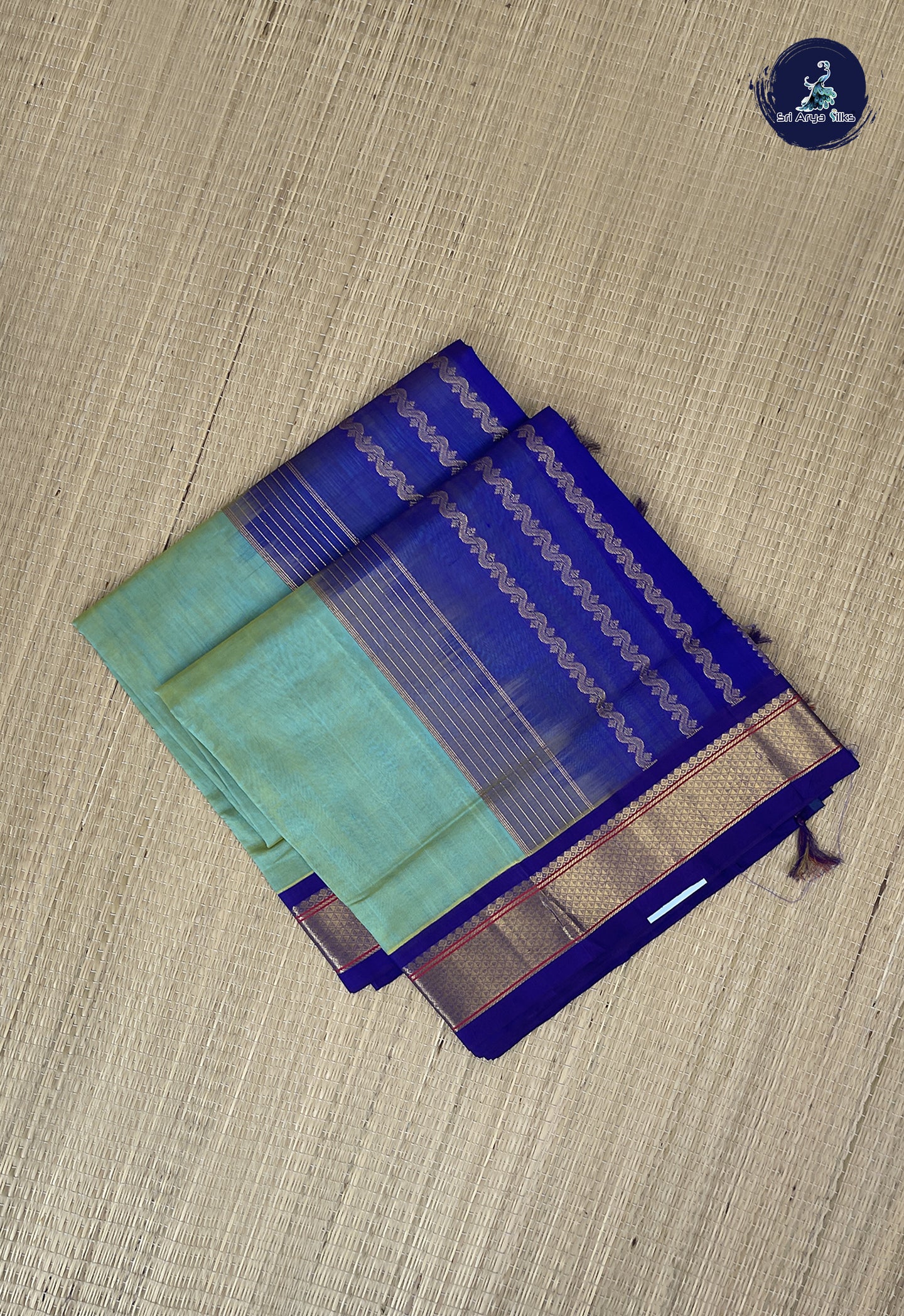 Bluish Green Korvai Silk Cotton Saree With Plain Pattern