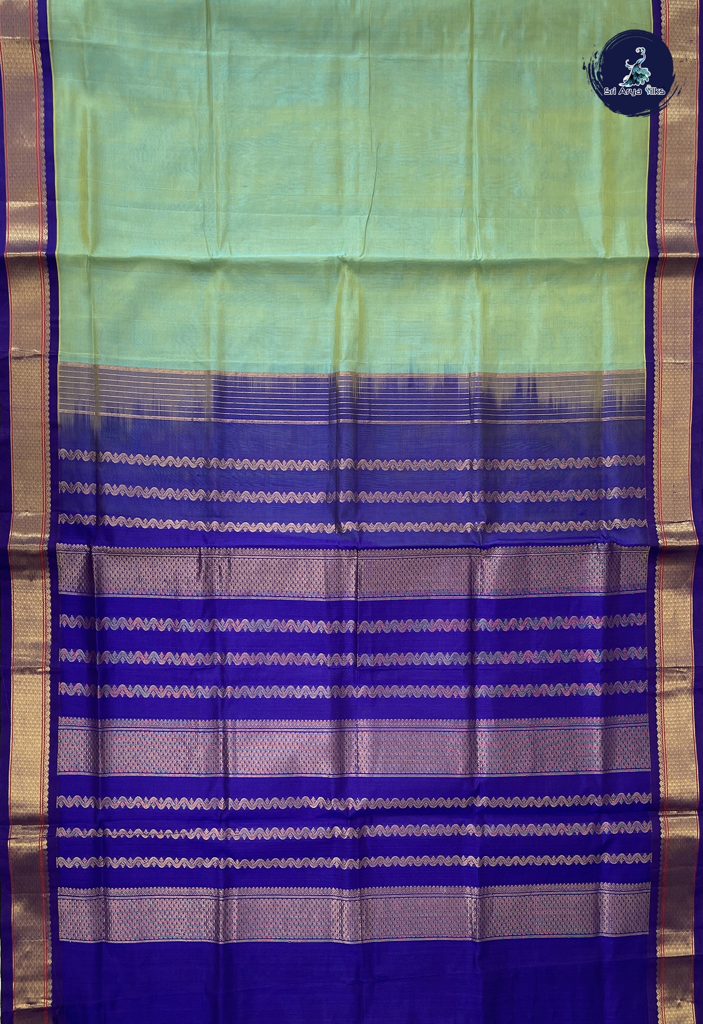 Bluish Green Korvai Silk Cotton Saree With Plain Pattern