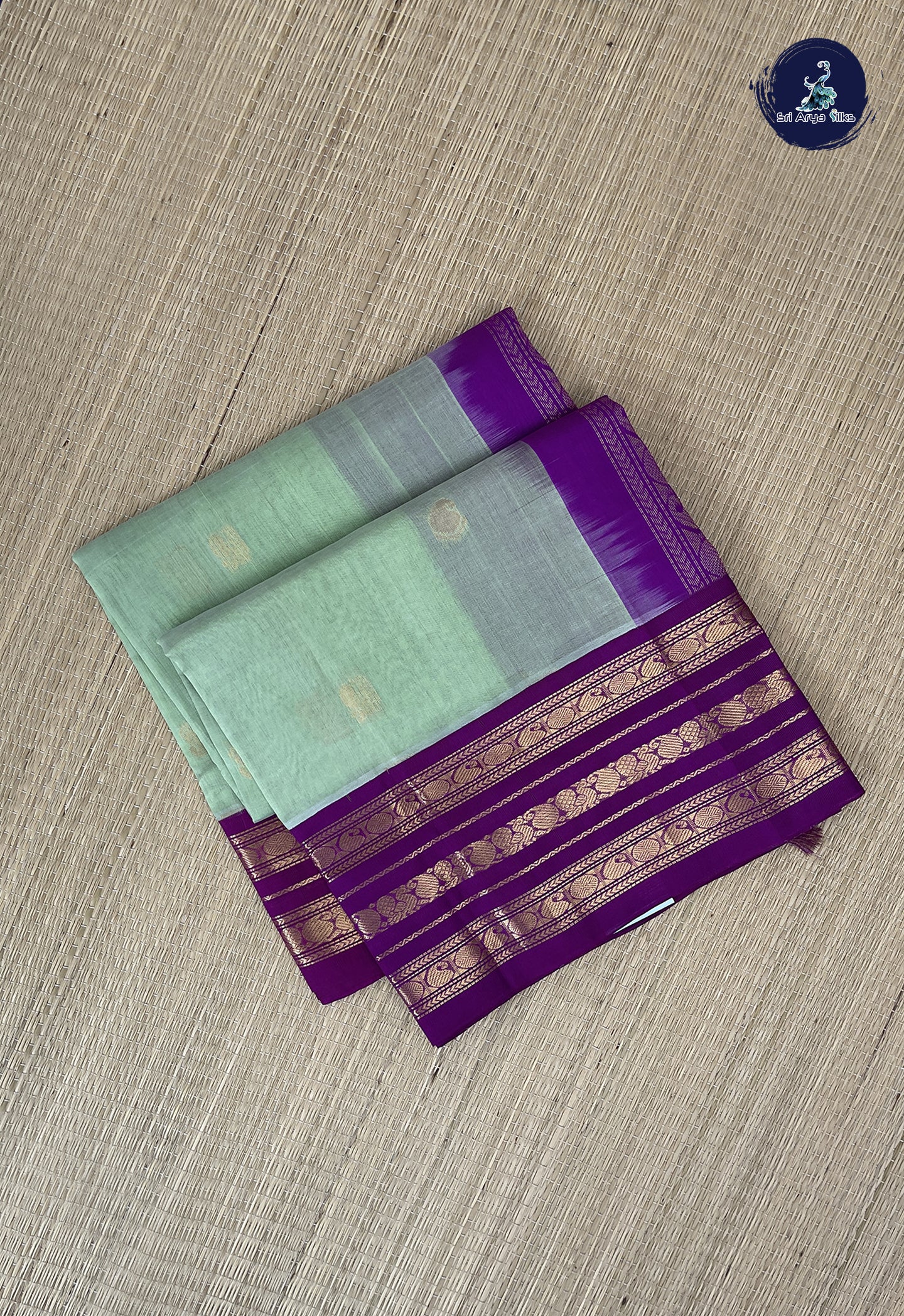 Pastel Green Korvai Silk Cotton Saree With Zari Buttas Pattern